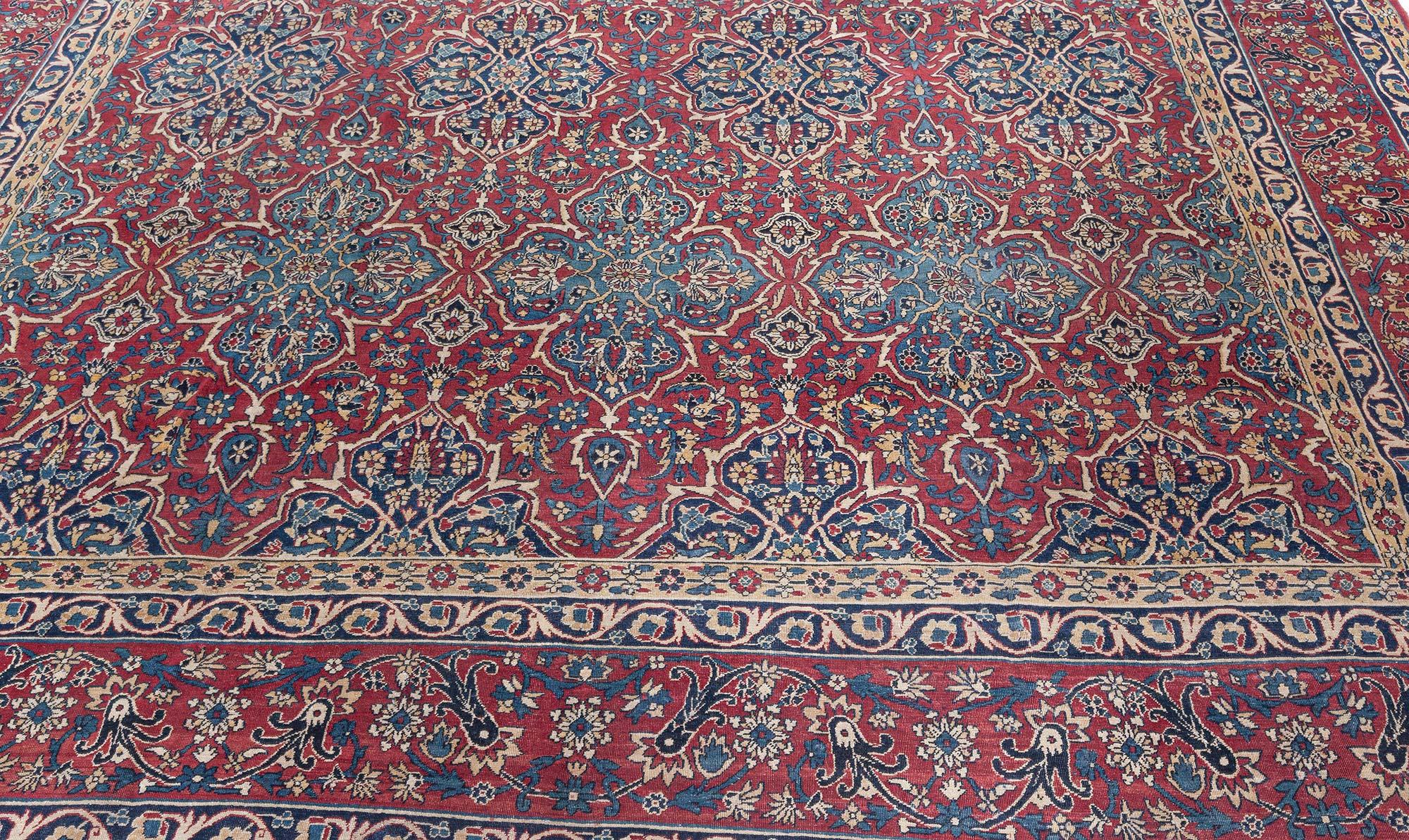 Hand-Knotted Antique Persian Kirman Red Blue Beige Rug For Sale