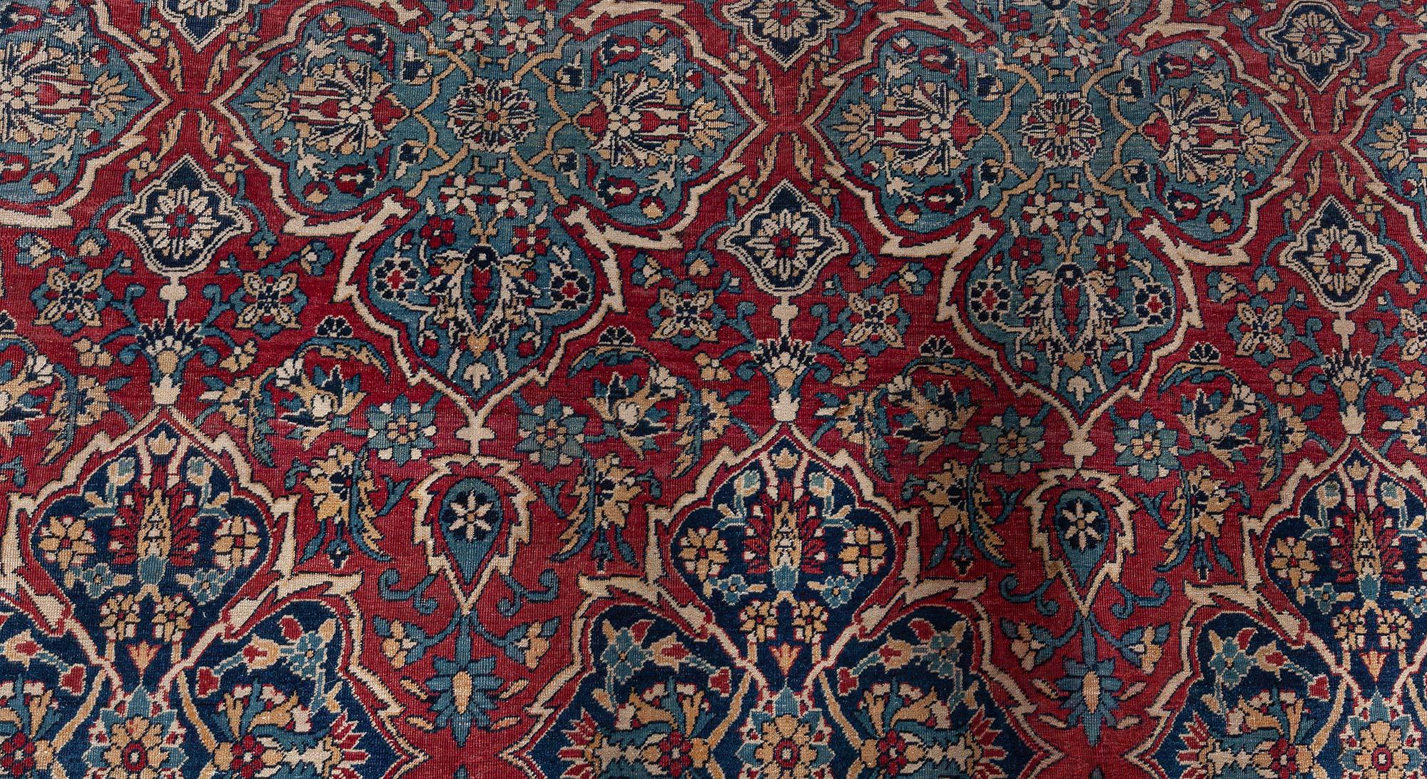 Antique Persian Kirman Red Blue Beige Rug In Good Condition For Sale In New York, NY
