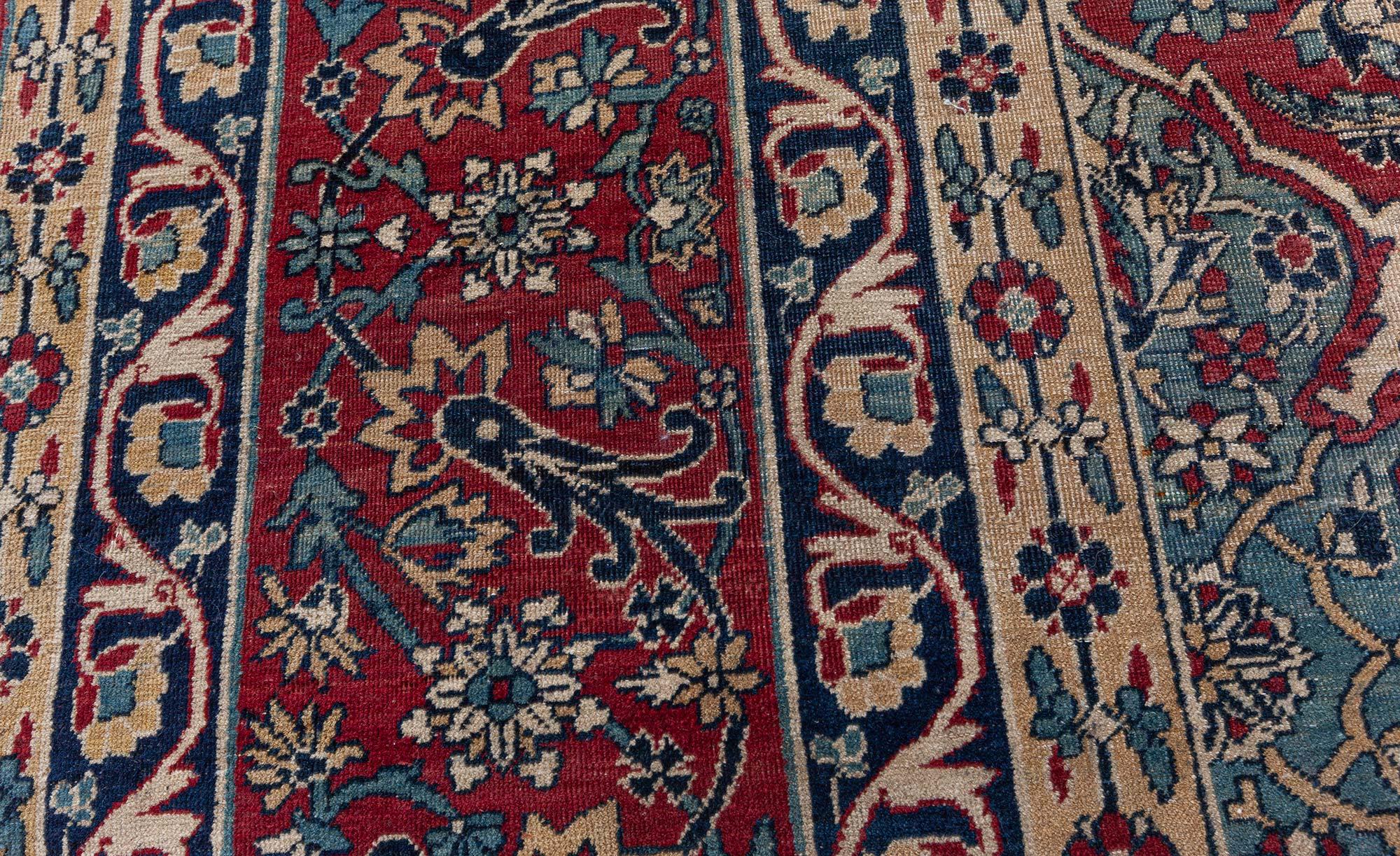 20th Century Antique Persian Kirman Red Blue Beige Rug For Sale
