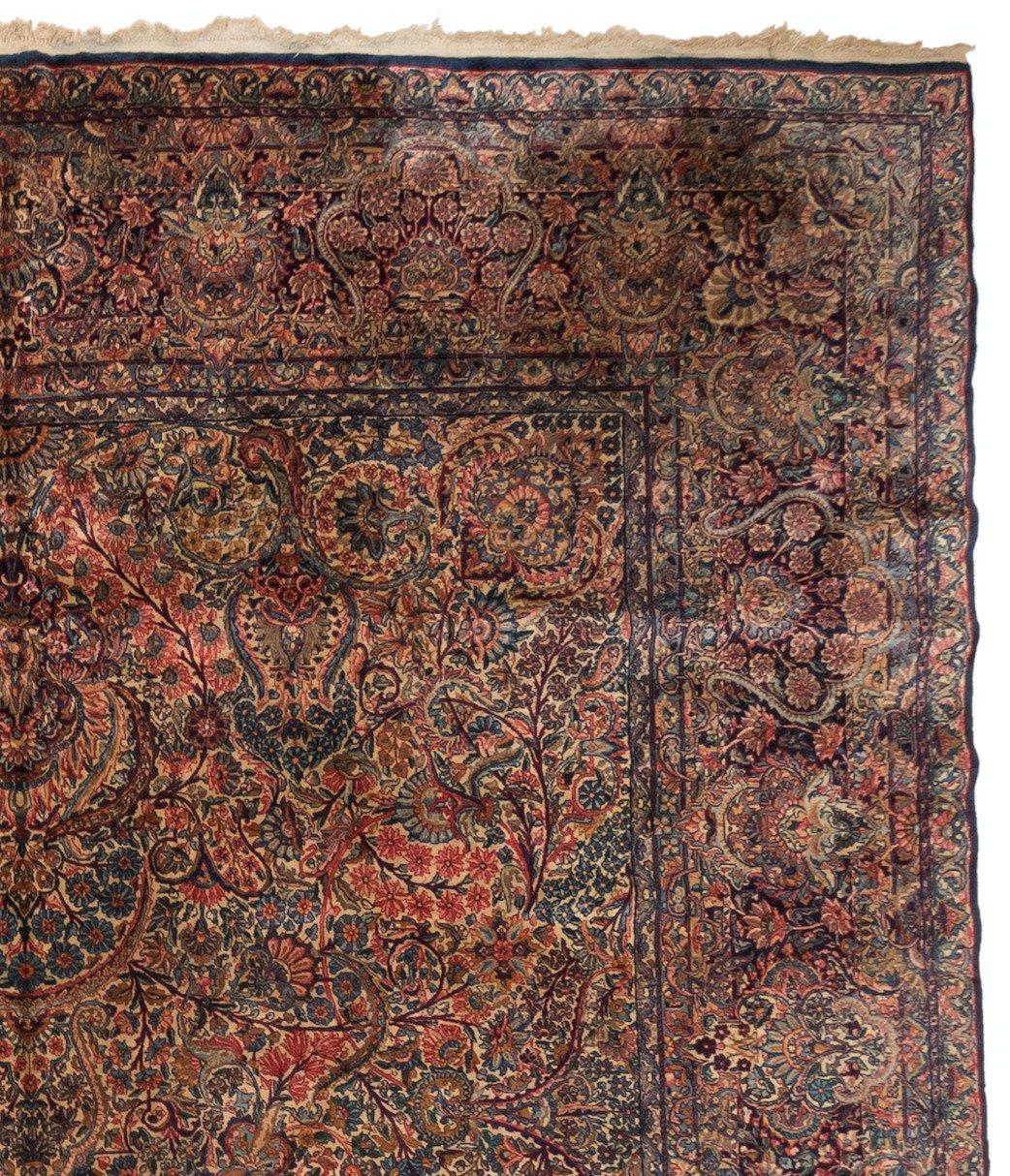Hand-Knotted Antique Persian Blue and Rose Floral Palmettes Kirman Large Rug For Sale
