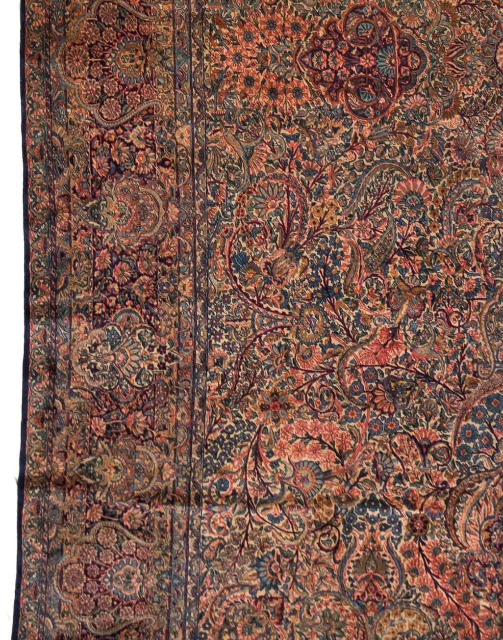 Antique Persian Blue and Rose Floral Palmettes Kirman Large Rug In Good Condition For Sale In New York, NY