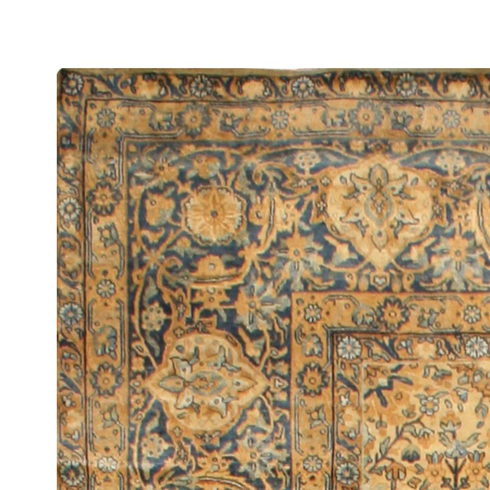 Antique Persian Kirman Yellow Handmade Wool Rug In Good Condition For Sale In New York, NY