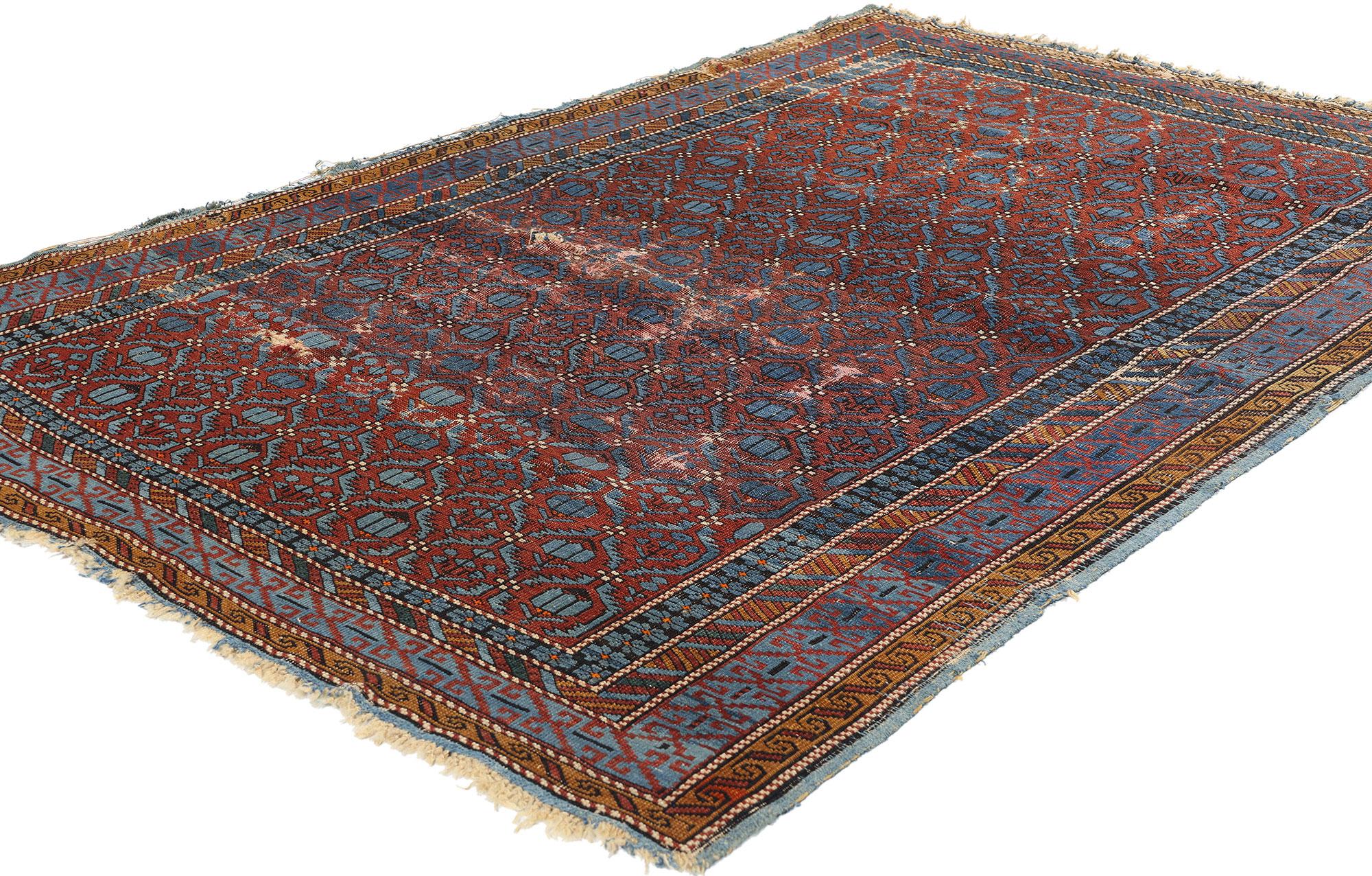 78840 Distressed Antique Persian Kuba Rug, 04'01 x 06'02. Persian Kuba rugs, originating from the Kuba region in the Caucasus (modern-day Azerbaijan), are celebrated for their intricate geometric patterns, vibrant colors, and high-quality
