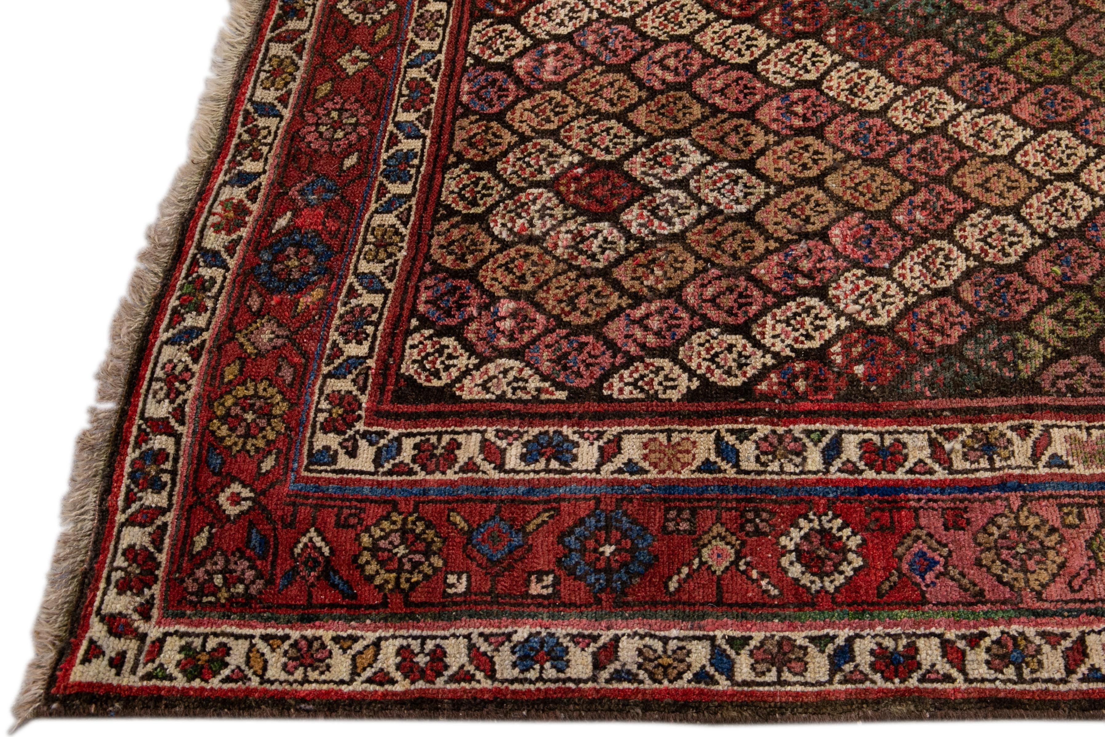 Hand-Knotted Antique Persian Kurd Handmade Allover Multicolor Wool Runner For Sale