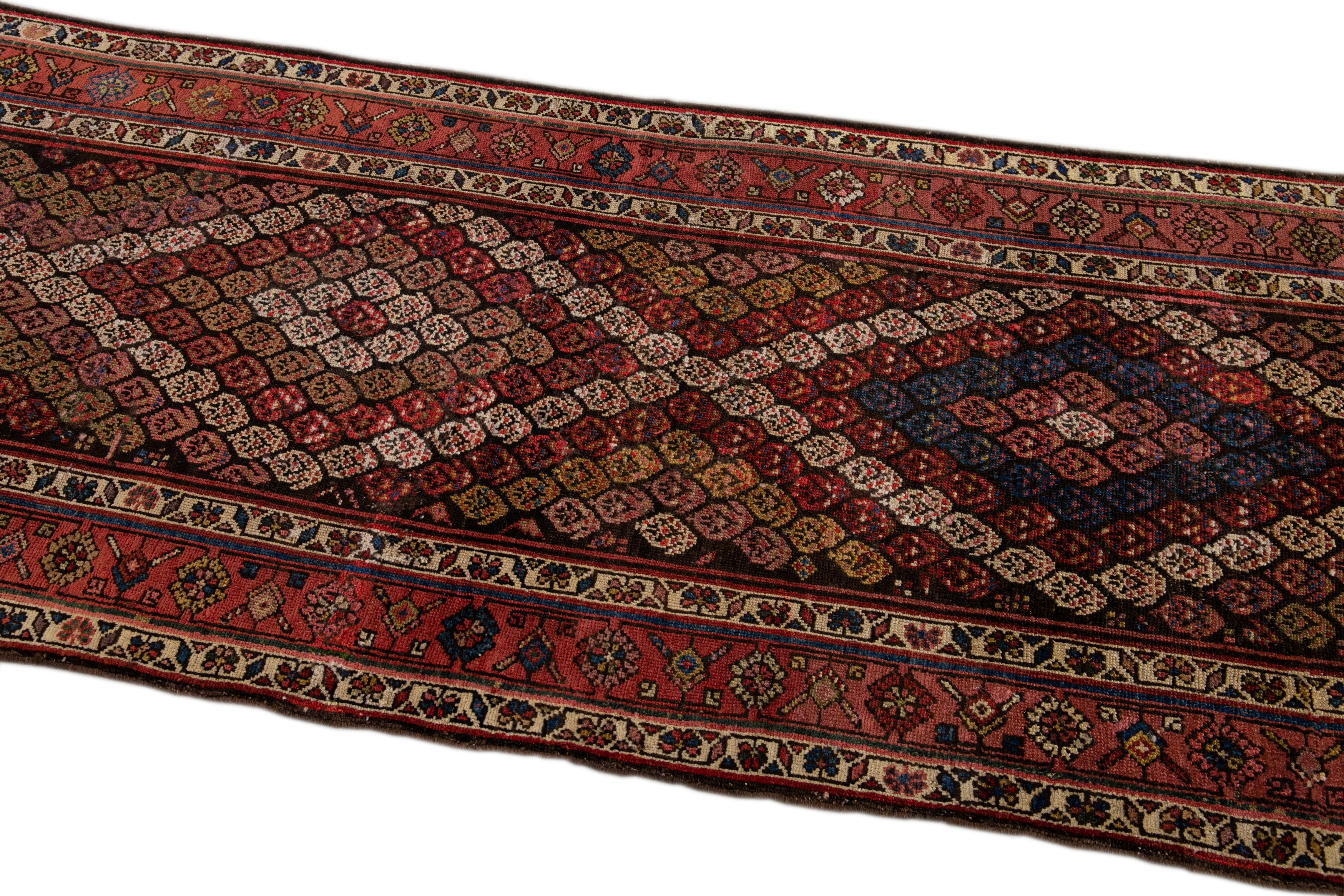 Antique Persian Kurd Handmade Allover Multicolor Wool Runner For Sale 2