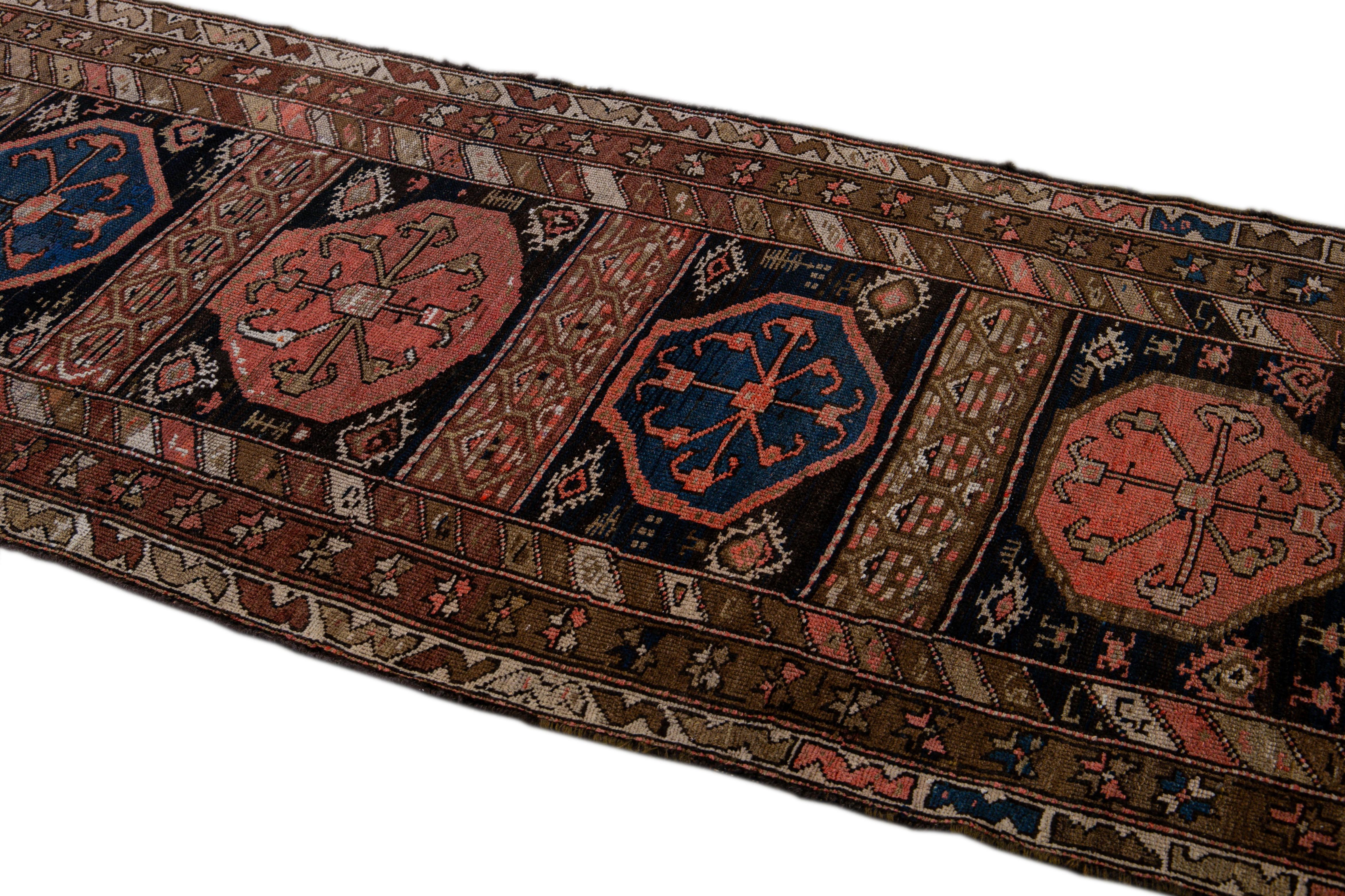 Antique Persian Kurd Handmade Medallion Brown Wool Runner For Sale 3
