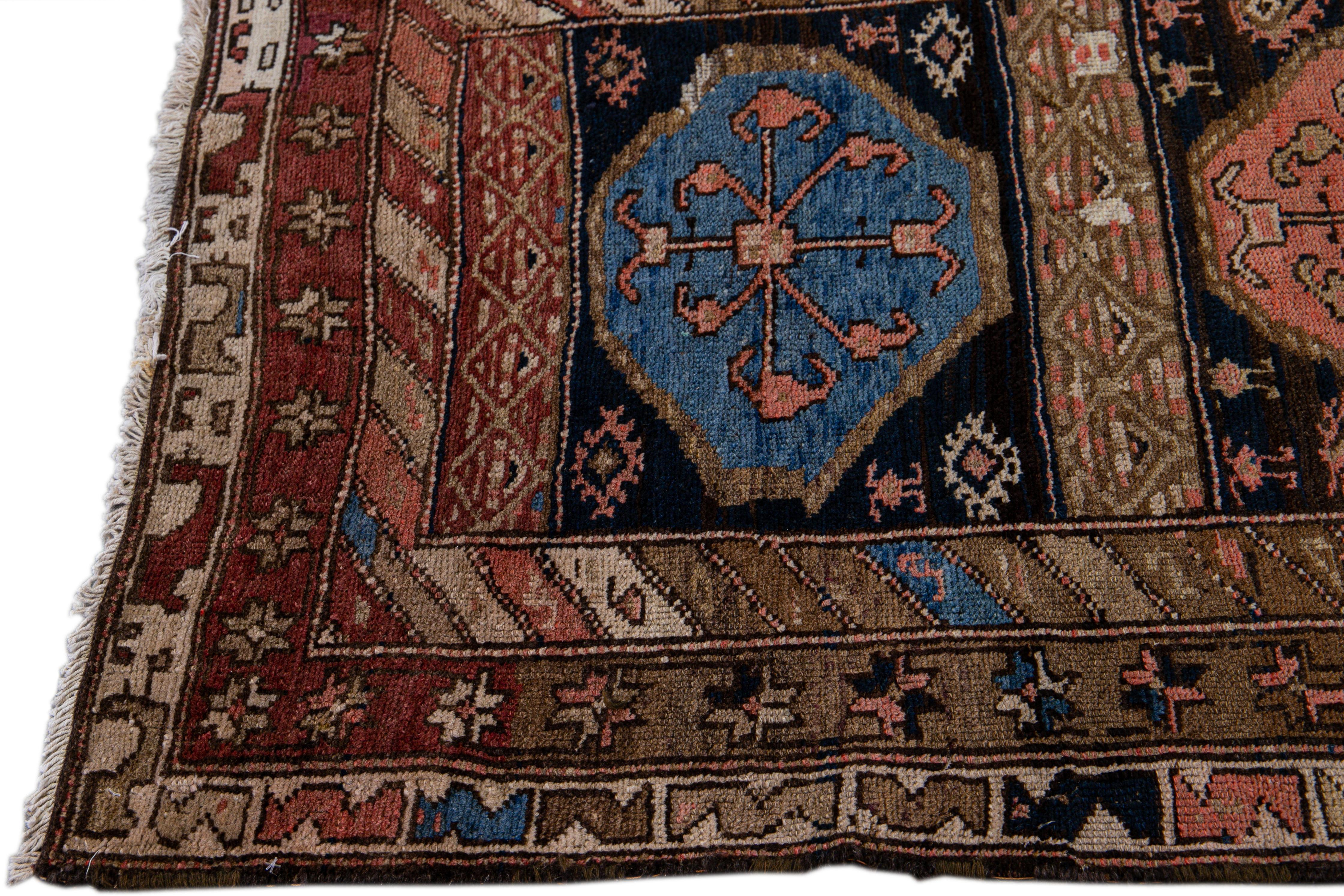 Hand-Knotted Antique Persian Kurd Handmade Medallion Brown Wool Runner For Sale