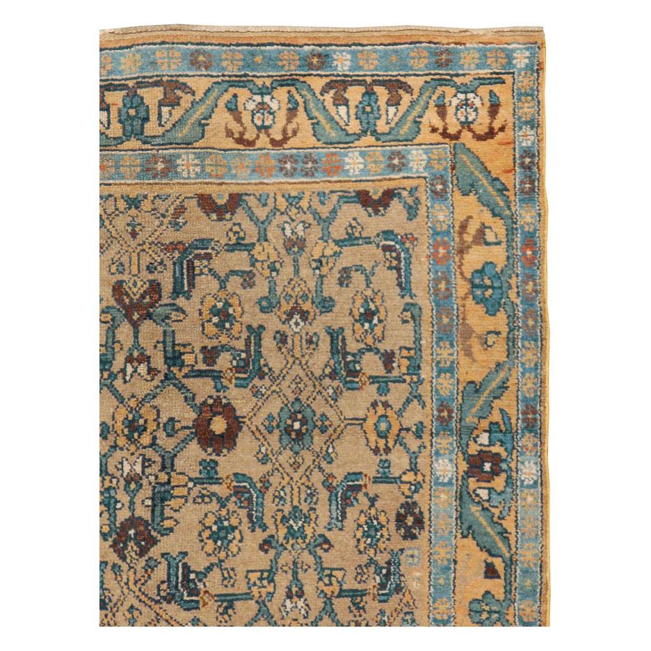 Tribal Early 20th Century Handmade Persian Kurd Throw Rug In Light Brown And Blue Green For Sale