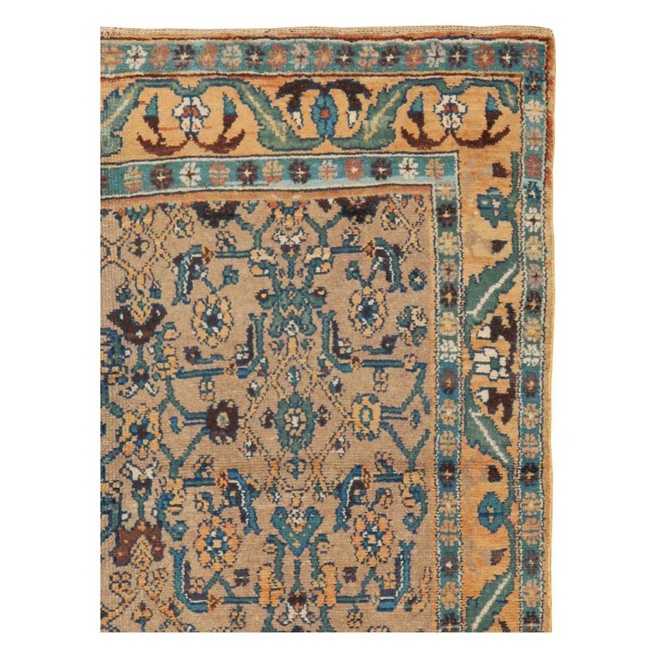 Hand-Knotted Early 20th Century Handmade Persian Kurd Throw Rug In Light Brown And Blue Green For Sale