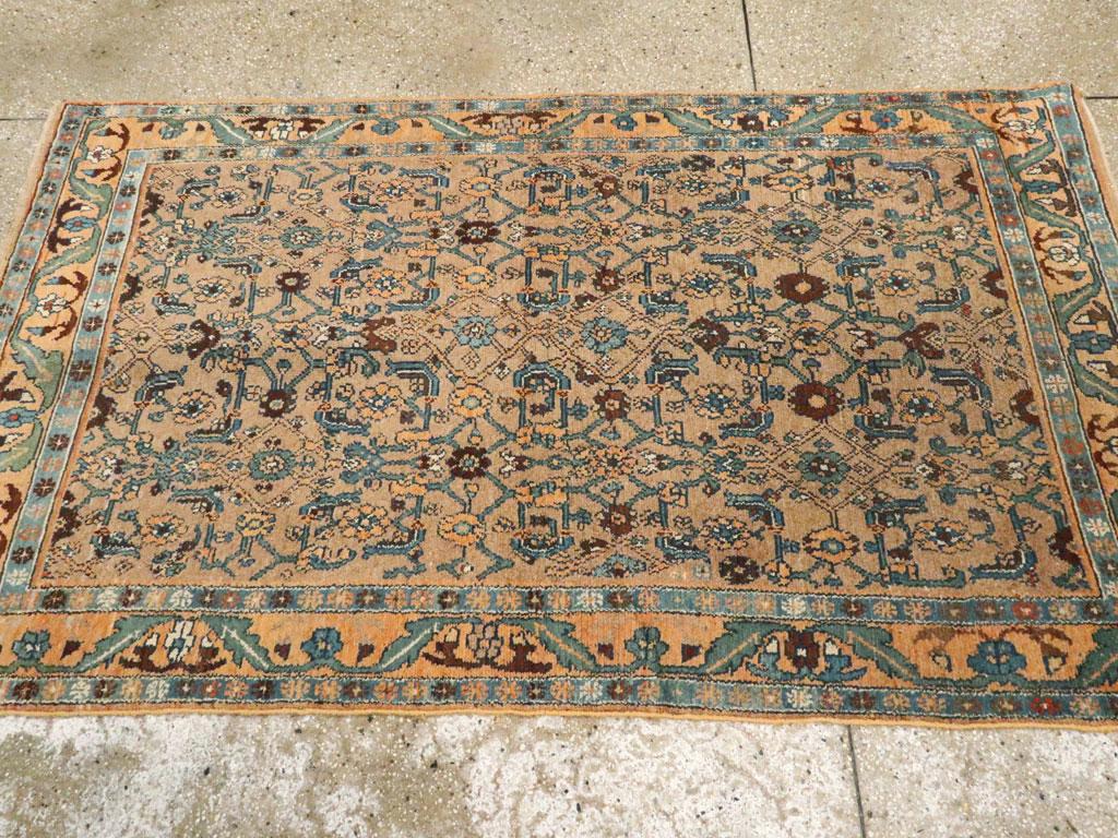 Early 20th Century Handmade Persian Kurd Throw Rug In Light Brown And Blue Green For Sale 1
