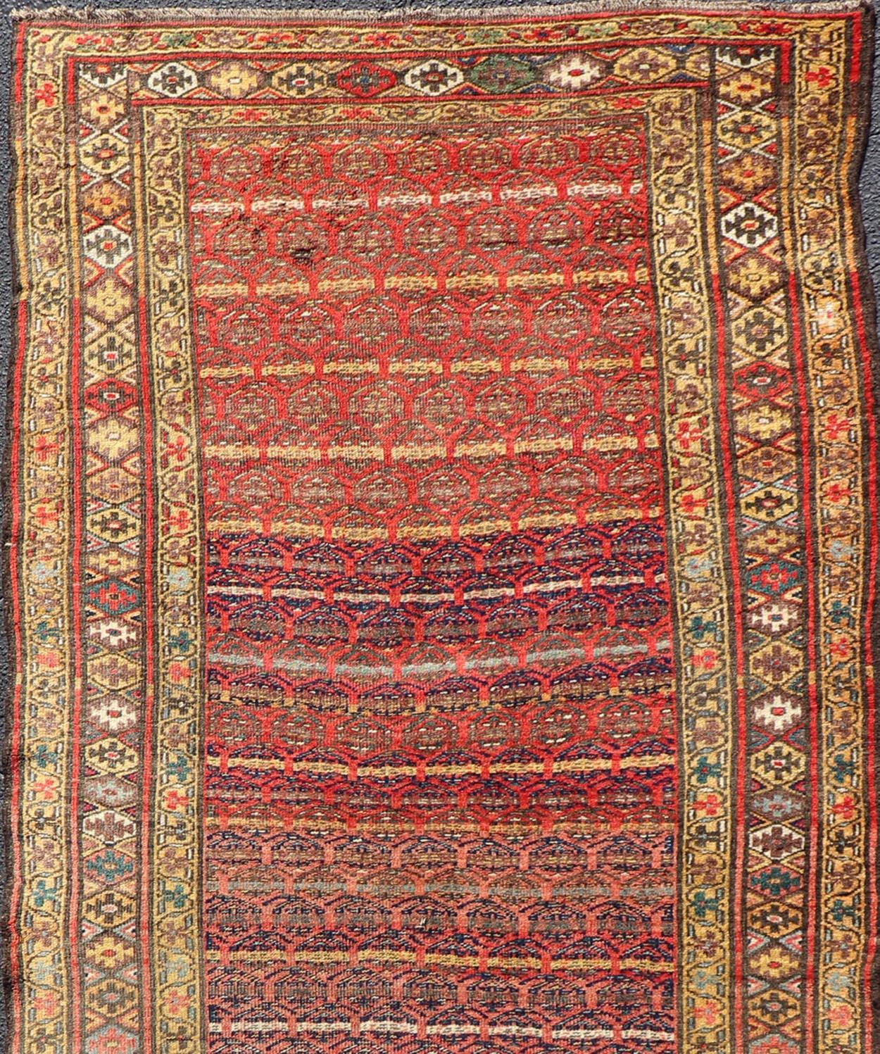 Hand-Knotted Antique Persian Kurdish Bidjar Gallery Rug with Repeating Paisley Design For Sale