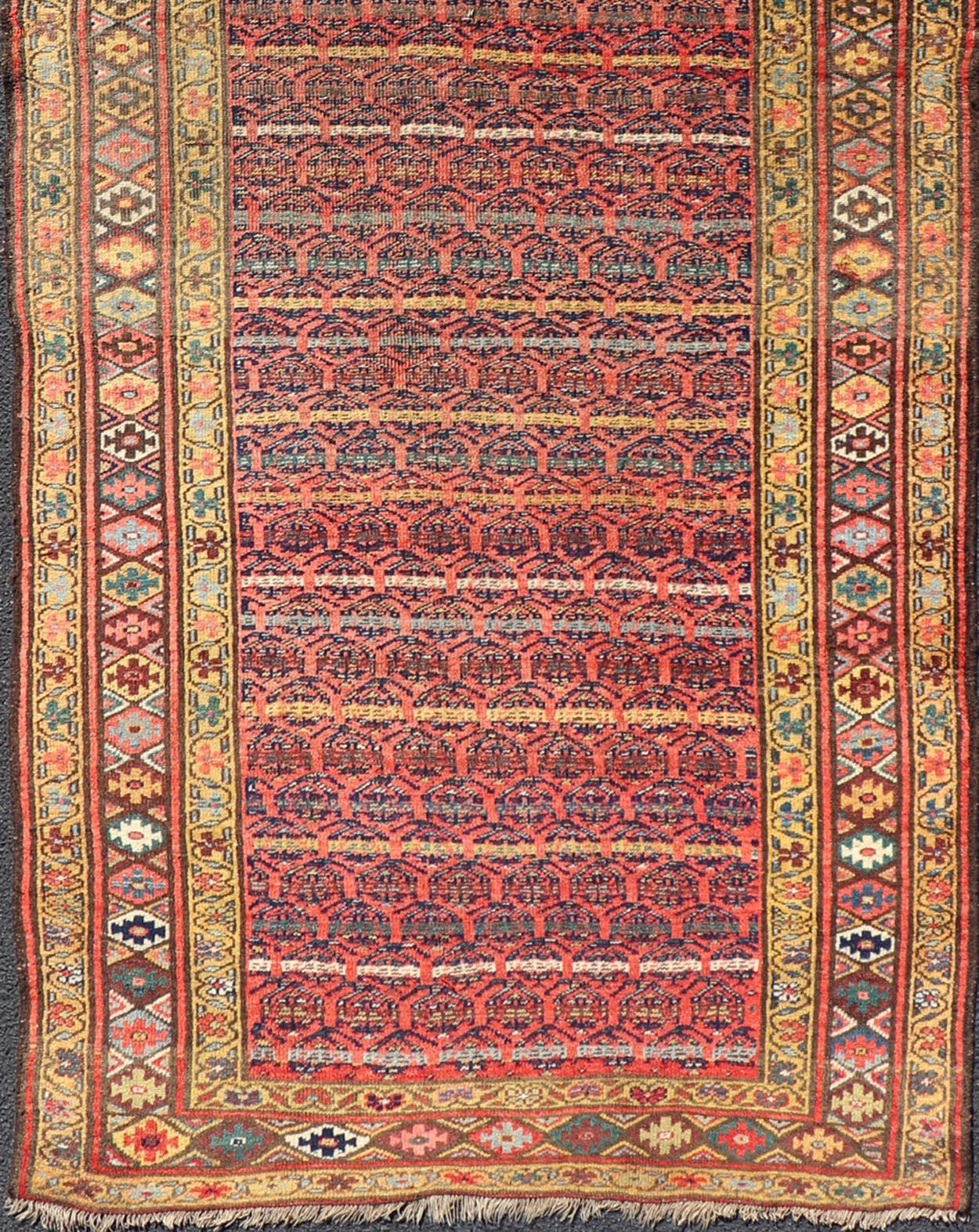 20th Century Antique Persian Kurdish Bidjar Gallery Rug with Repeating Paisley Design For Sale