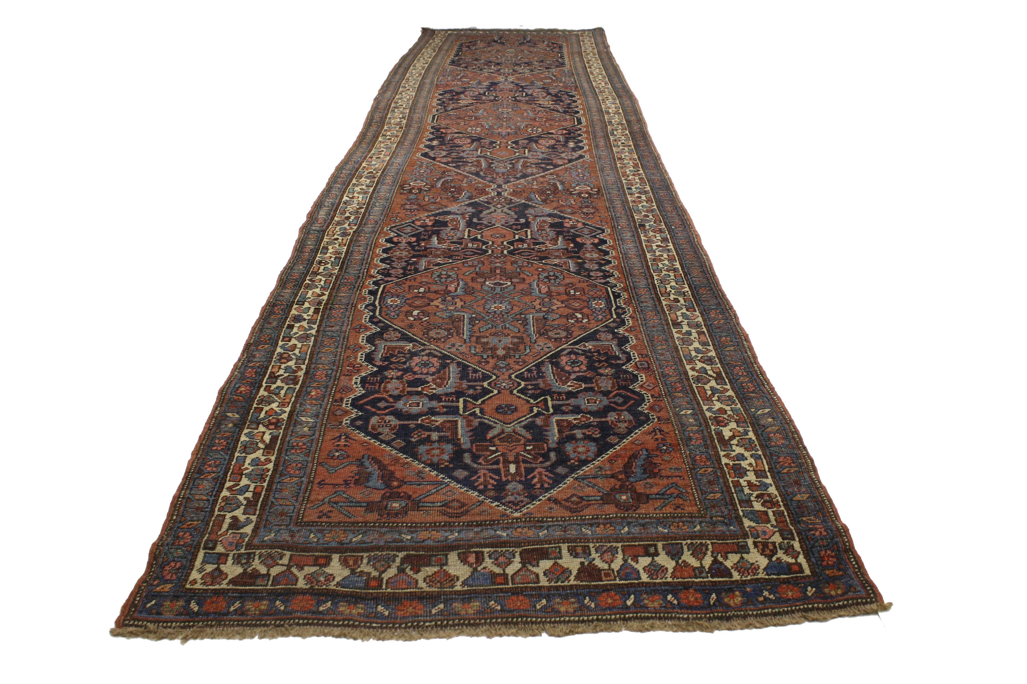 Antique Persian Kurdish Bidjar Runner with Rustic Luxe Art Deco Style In Good Condition For Sale In Dallas, TX