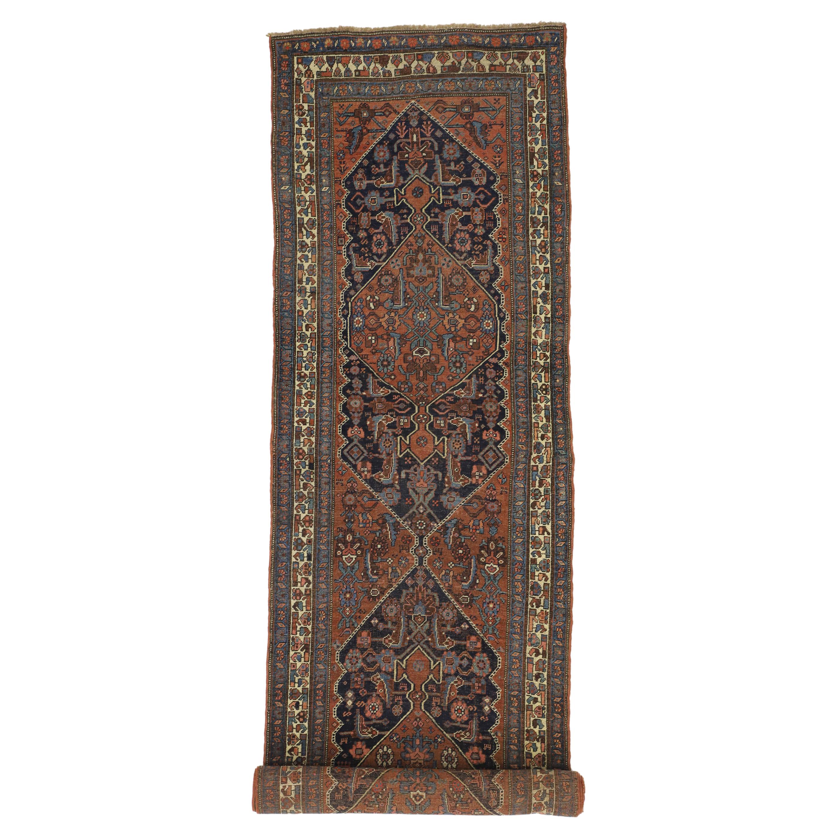 Antique Persian Kurdish Bidjar Runner with Rustic Luxe Art Deco Style For Sale