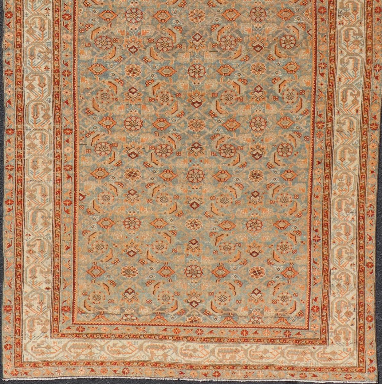 Hand-Knotted Antique Persian Kurdish Gallery Rug with All-Over Geometric Design For Sale
