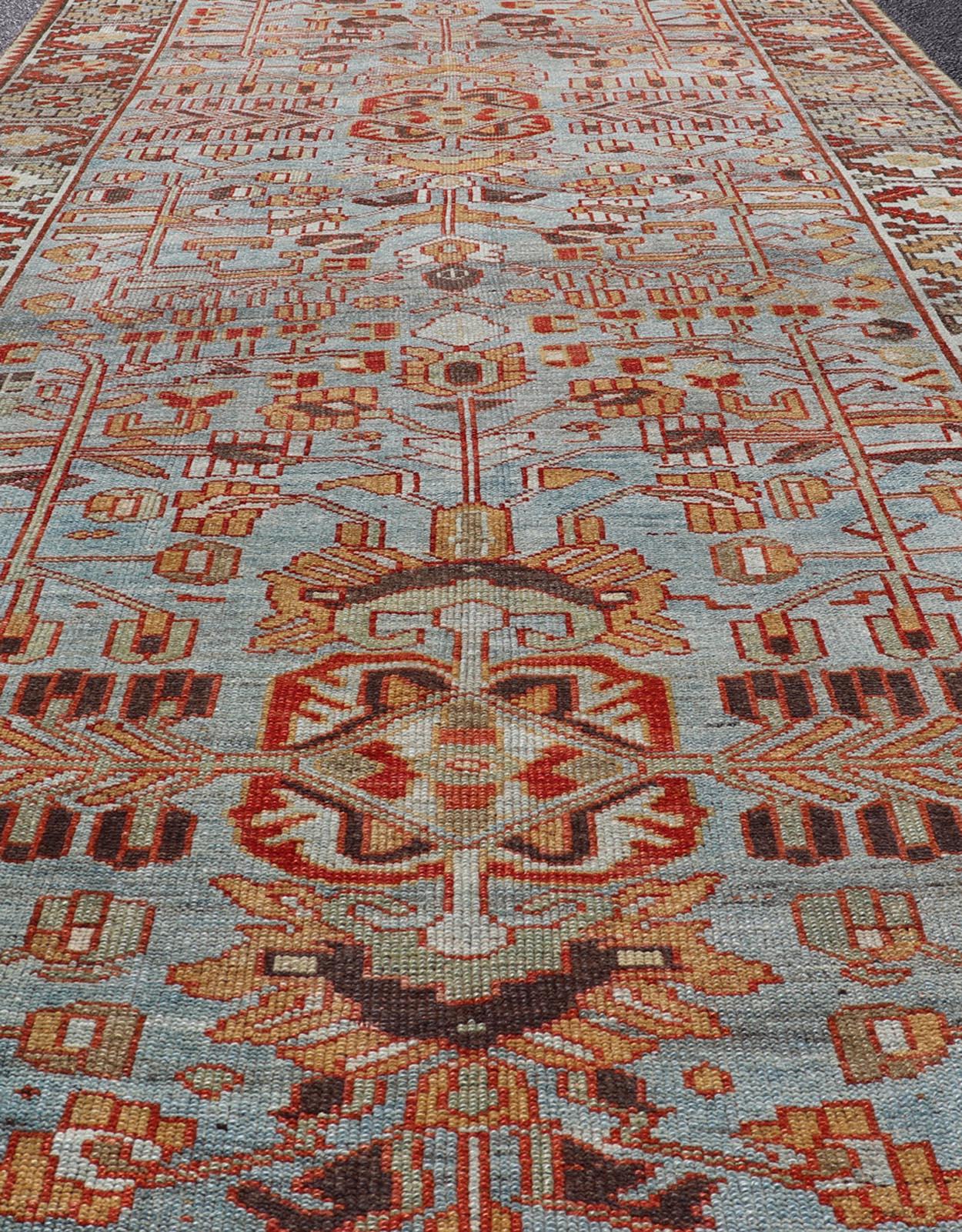 Antique Persian Kurdish Gallery Runner Rug in Wool with Tribal Medallion Design For Sale 4