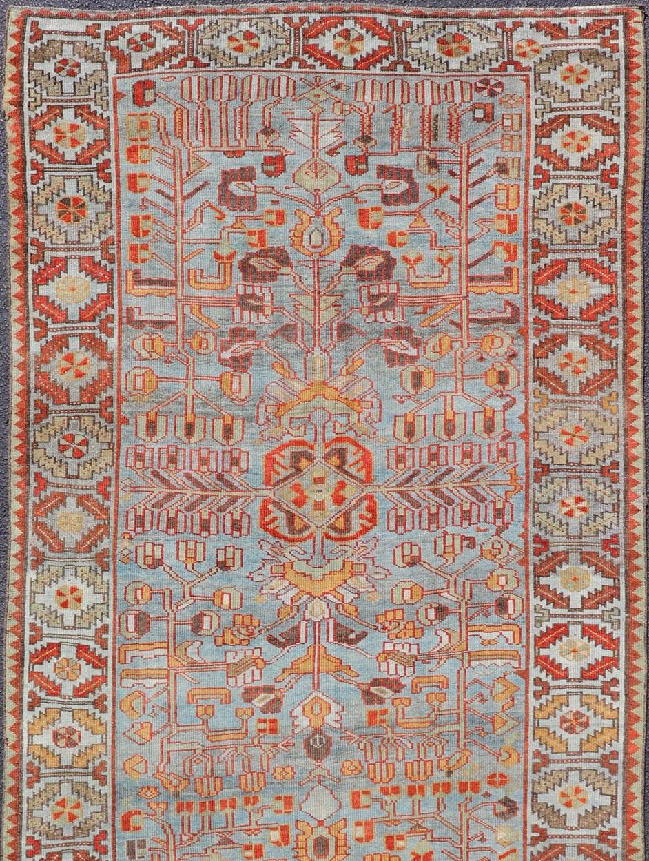 Hand-Knotted Antique Persian Kurdish Gallery Runner Rug in Wool with Tribal Medallion Design For Sale