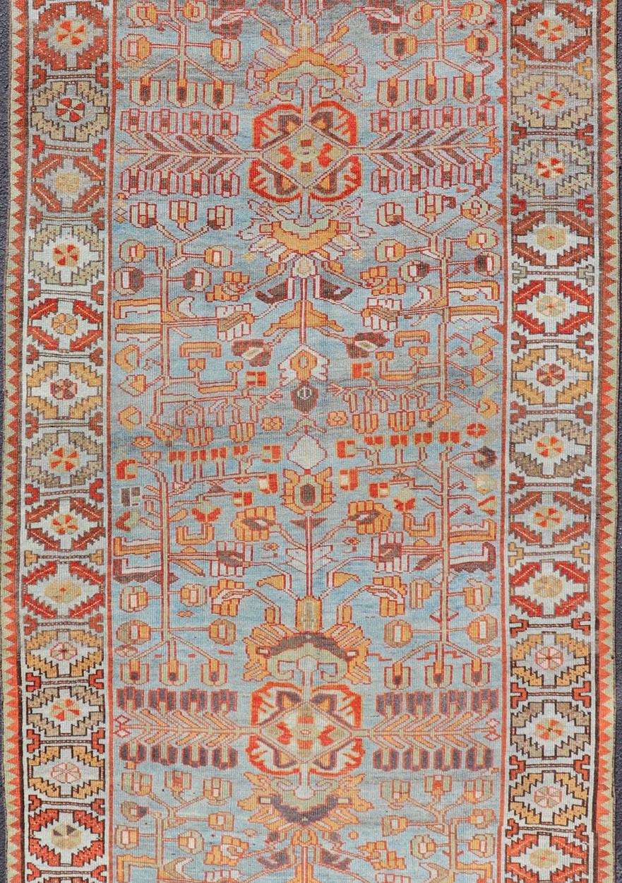 Antique Persian Kurdish Gallery Runner Rug in Wool with Tribal Medallion Design In Good Condition For Sale In Atlanta, GA