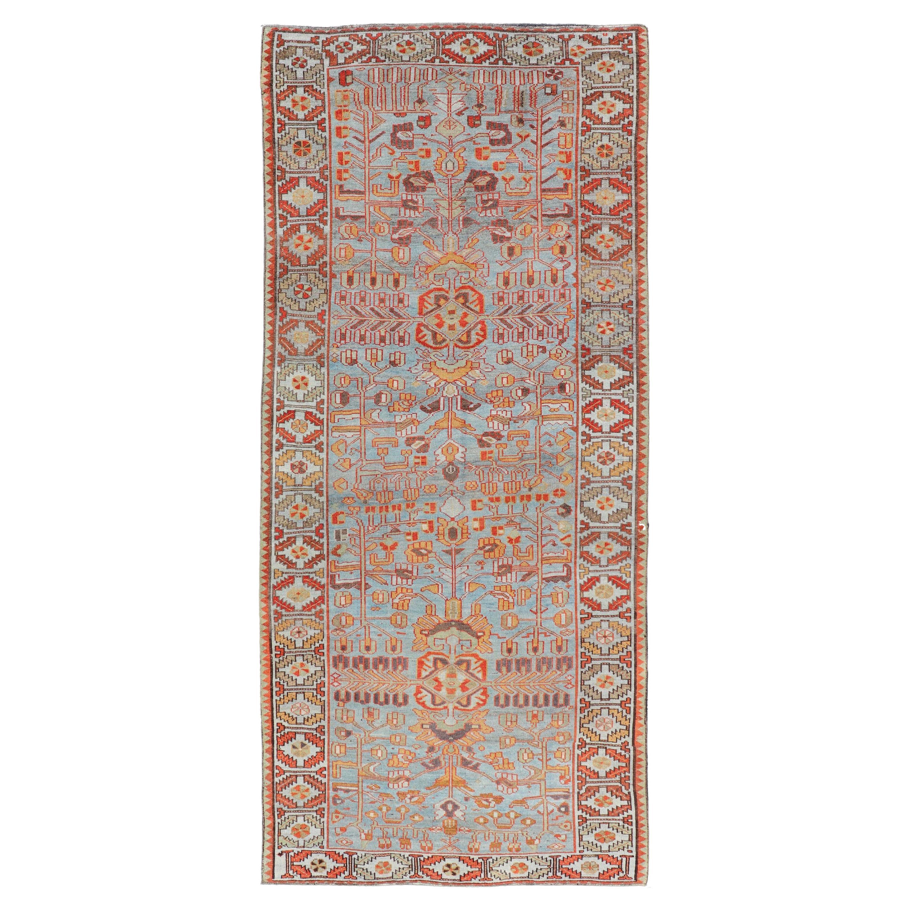 Antique Persian Kurdish Gallery Runner Rug in Wool with Tribal Medallion Design For Sale