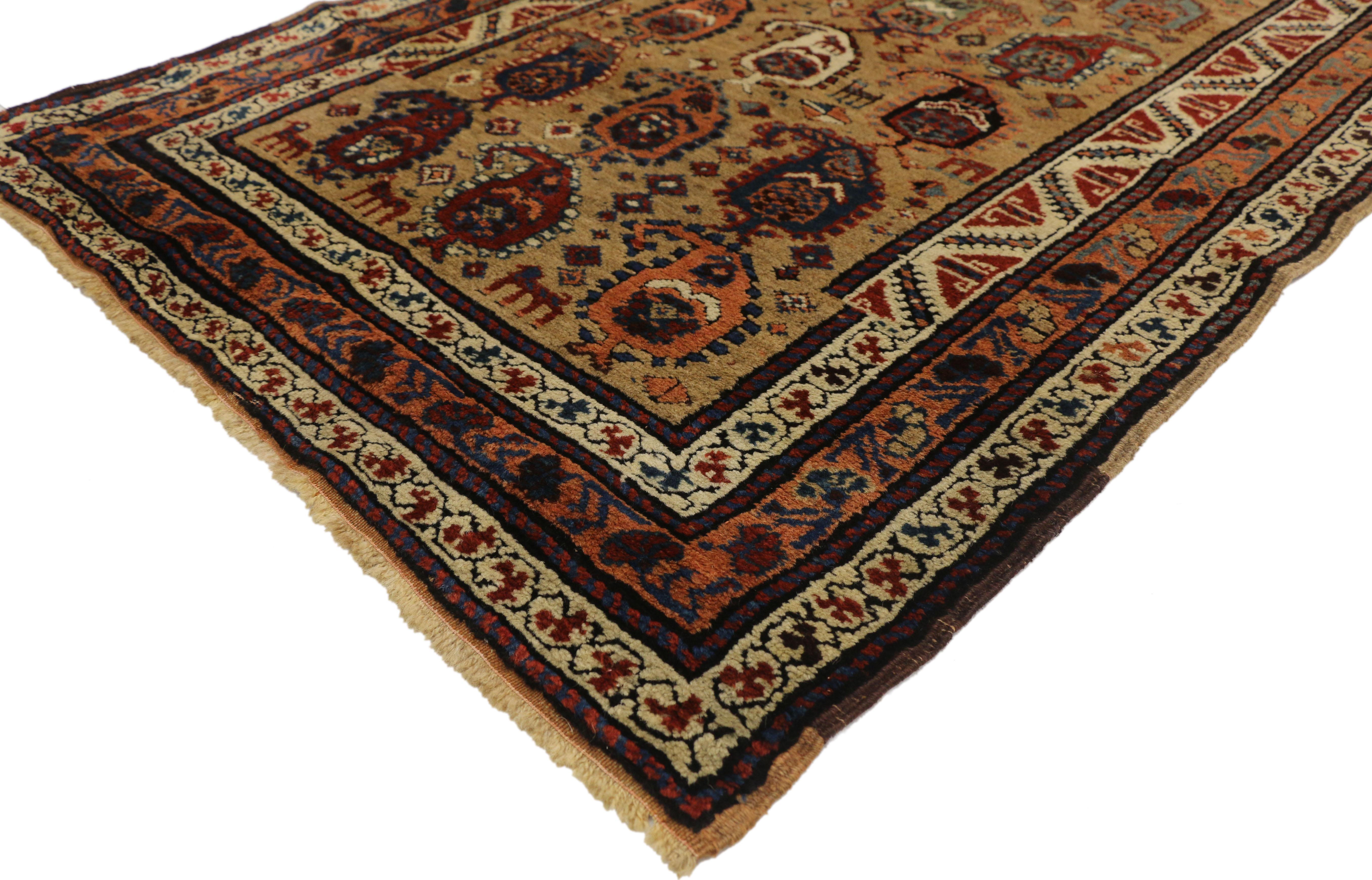 77290 antique Persian Kurdish hallway runner with Nomadic Mid-Century Modern style. With architectural elements combined with warm earthy colors, this hand knotted wool antique Persian Kurdish hallway runner embodies an Artisan Nomadic style with