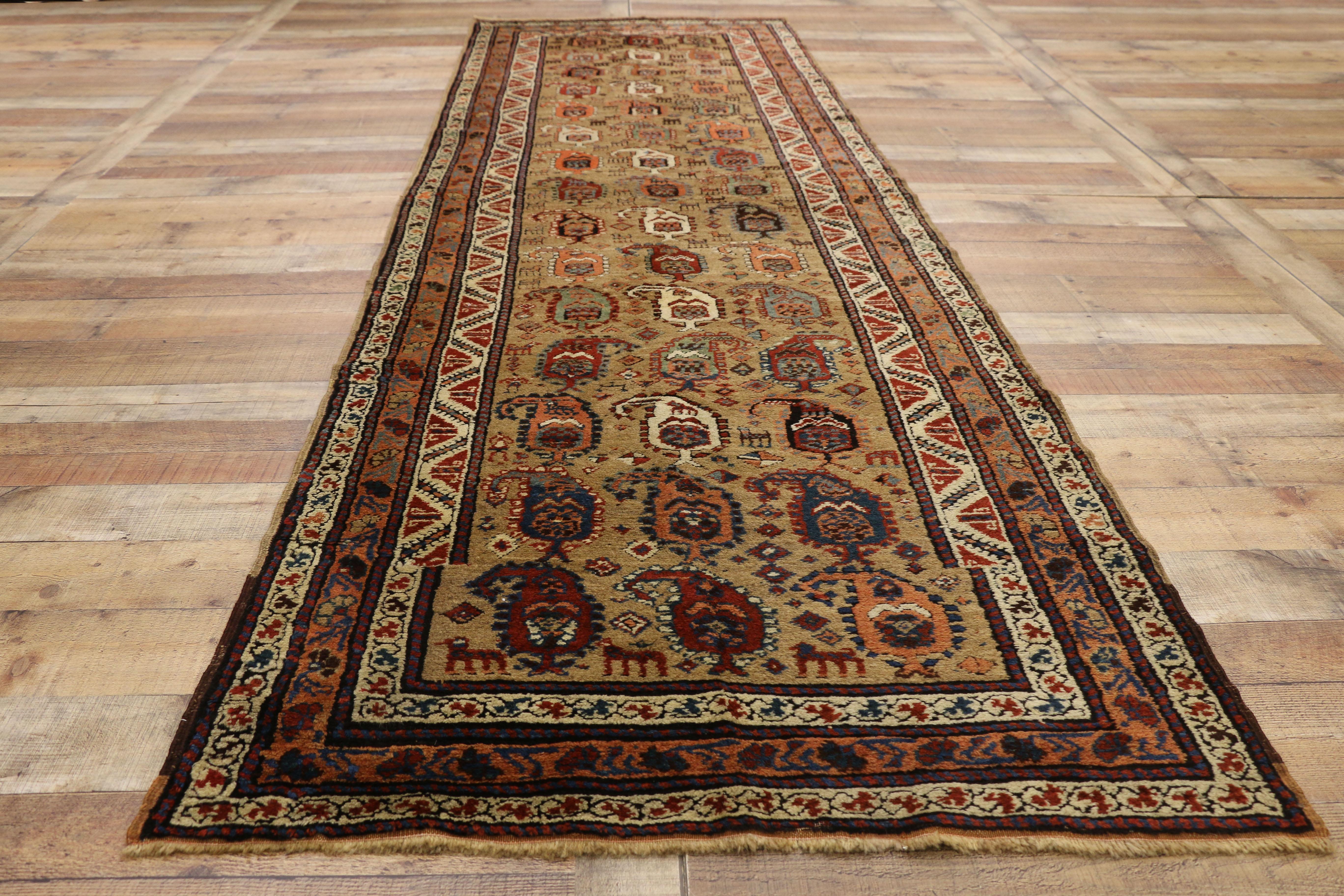 Antique Persian Kurdish Hallway Runner with Nomadic Mid-Century Modern Style In Good Condition For Sale In Dallas, TX