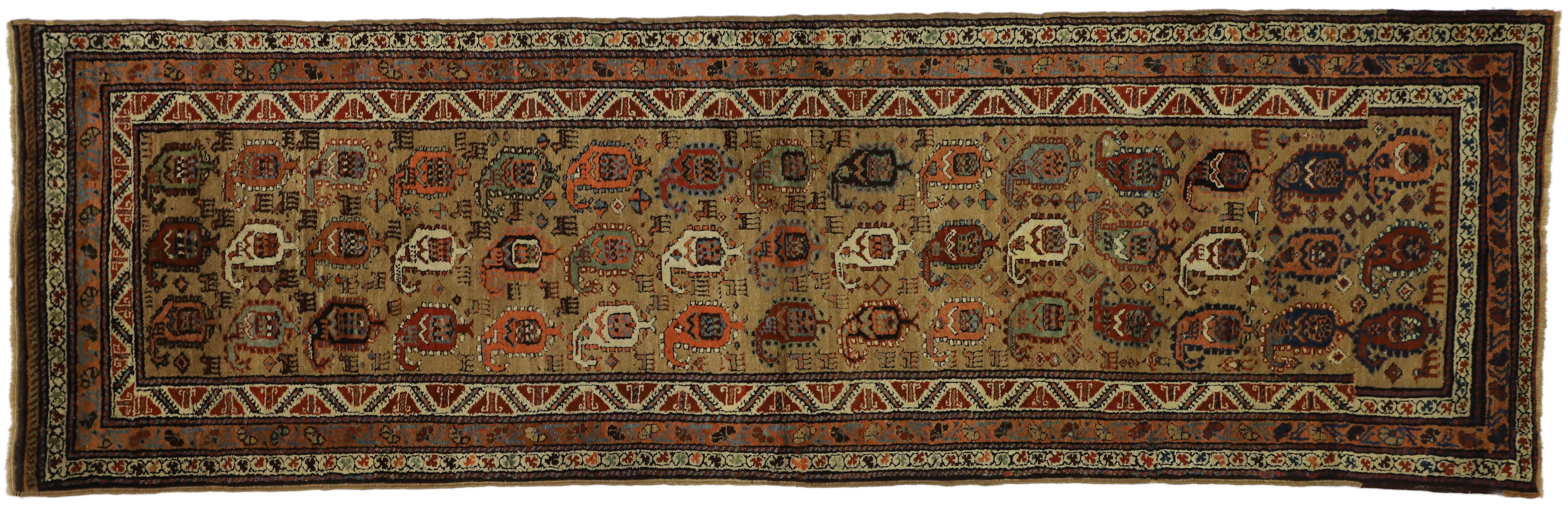 Wool Antique Persian Kurdish Hallway Runner with Nomadic Mid-Century Modern Style For Sale