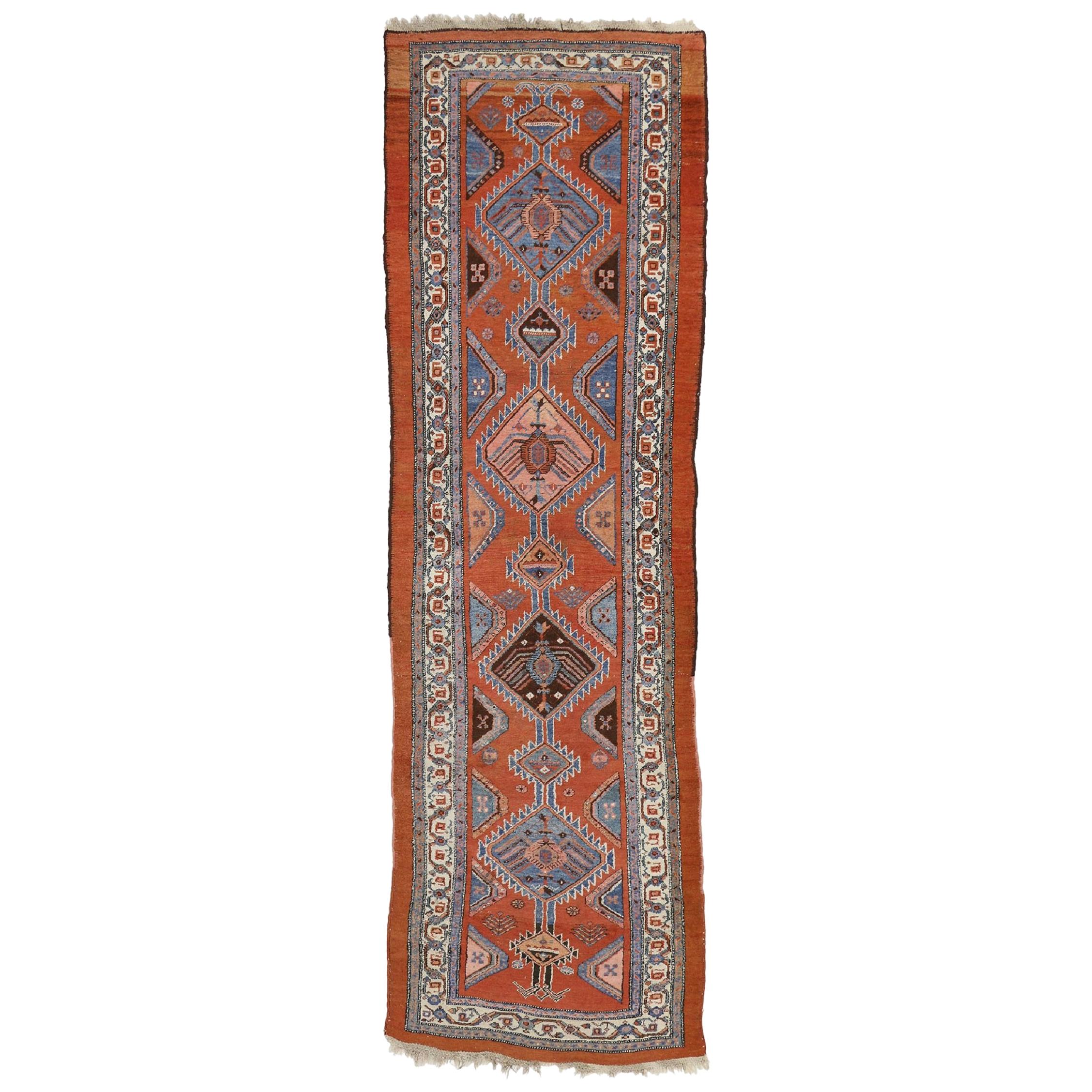 Antique Persian Kurdish Hallway Runner with Tribal Style For Sale