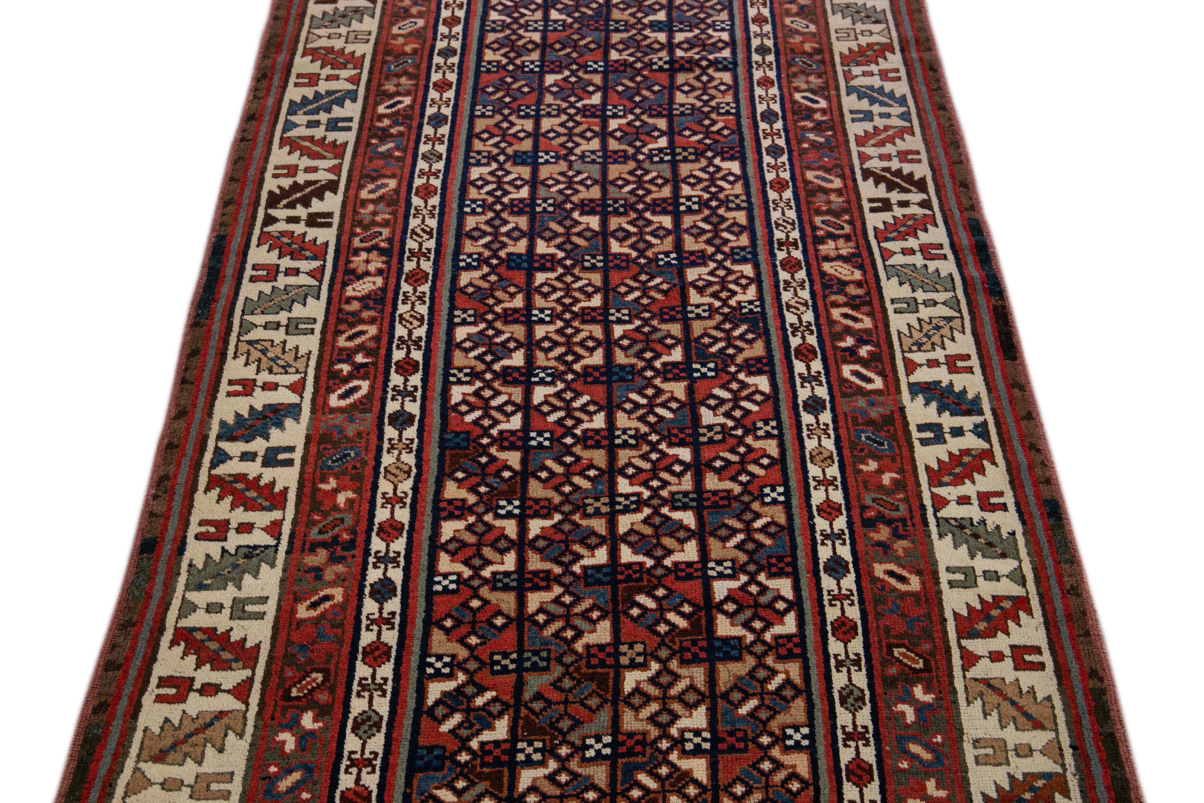 Islamic Antique Persian Kurdish Handmade Allover Geometric Wool Runner For Sale