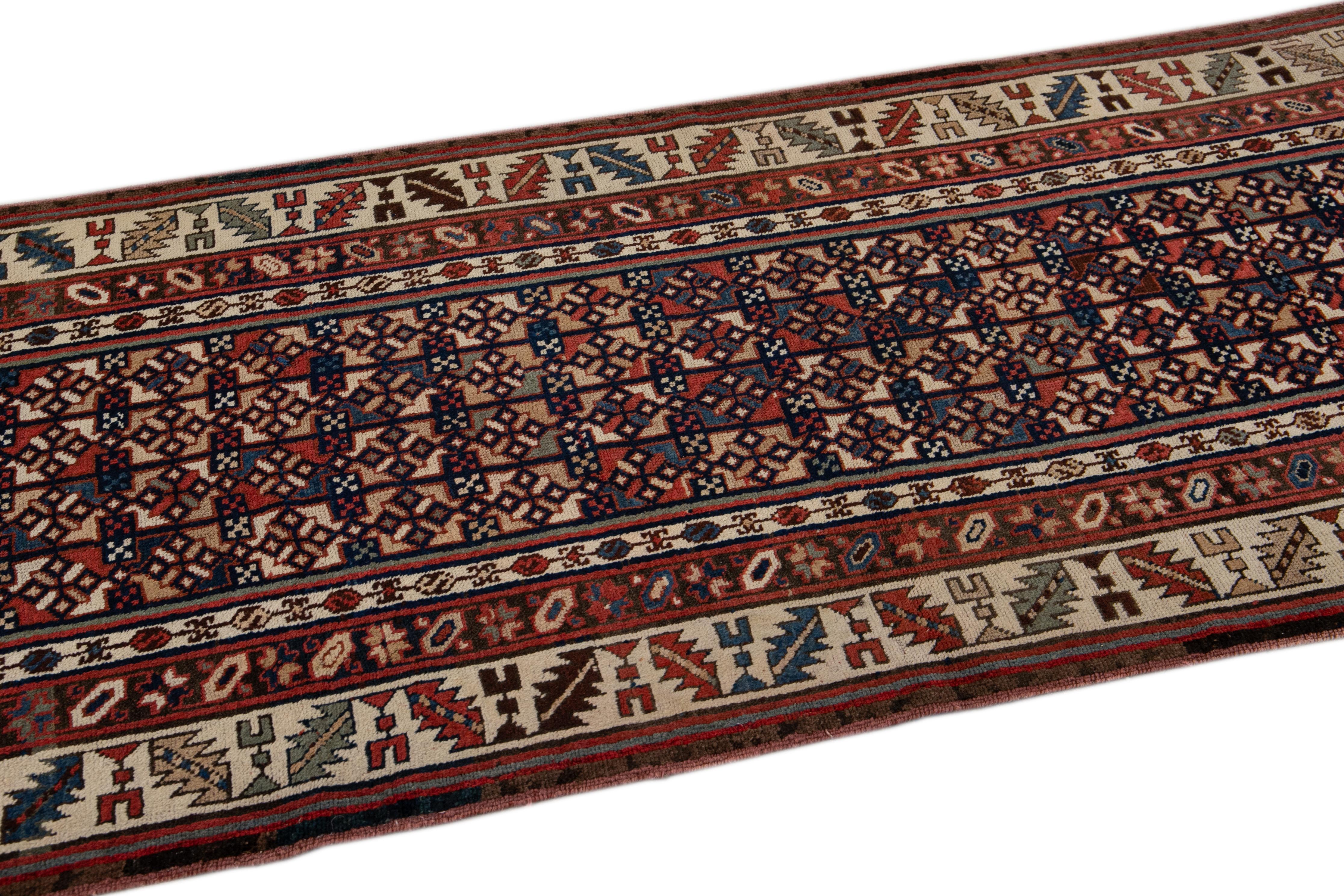 Antique Persian Kurdish Handmade Allover Geometric Wool Runner In Excellent Condition For Sale In Norwalk, CT