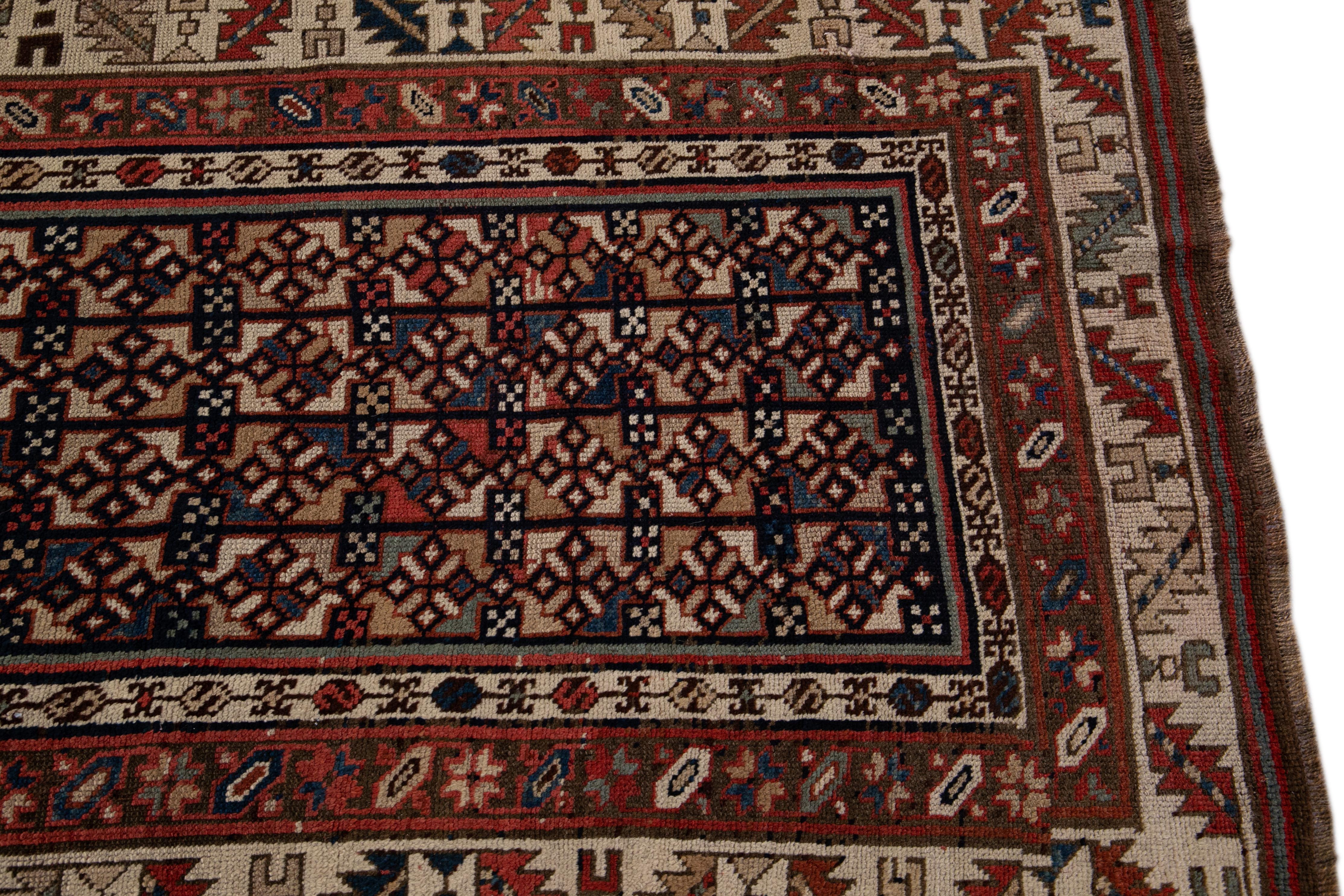Antique Persian Kurdish Handmade Allover Geometric Wool Runner For Sale 1