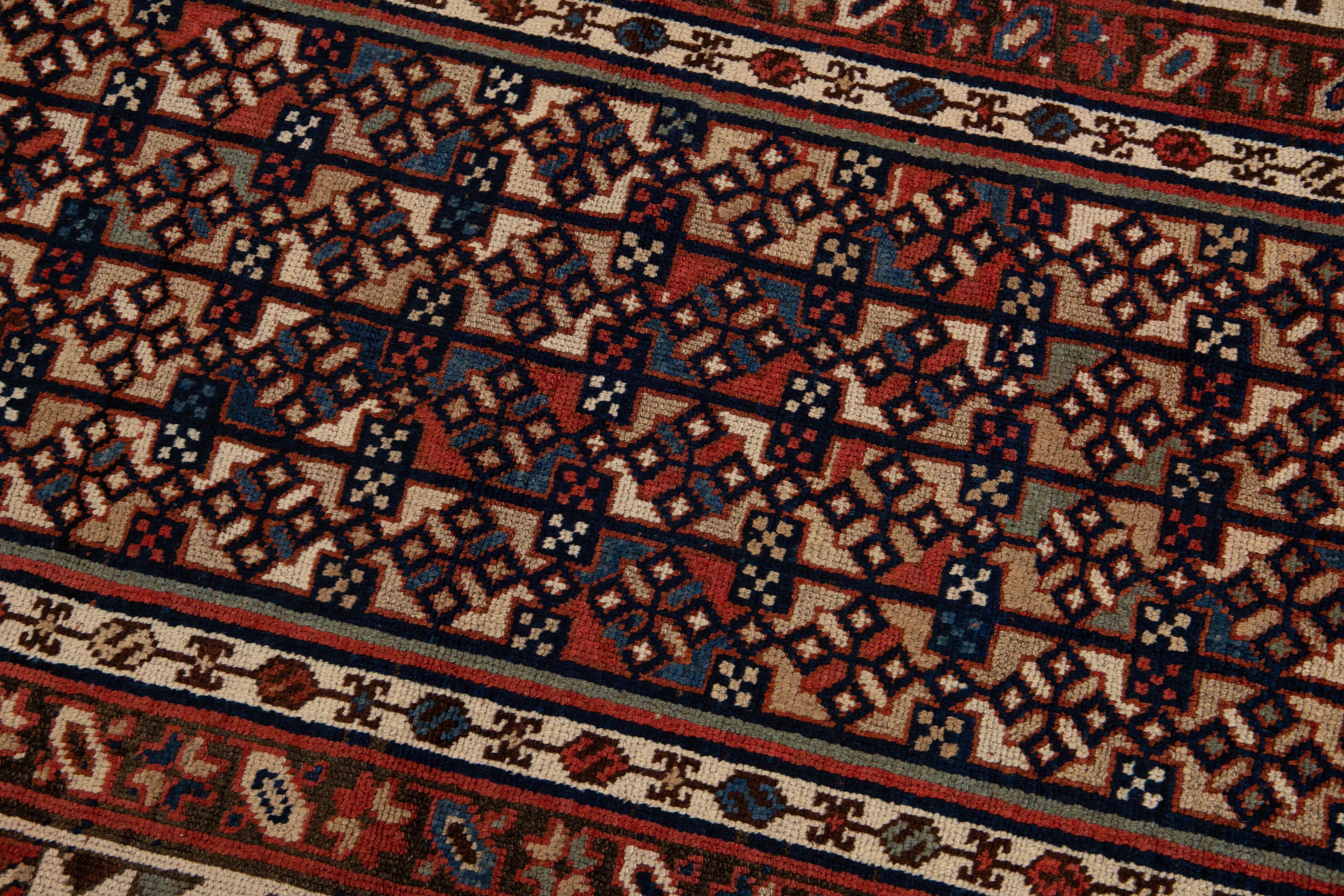 Antique Persian Kurdish Handmade Allover Geometric Wool Runner For Sale 3