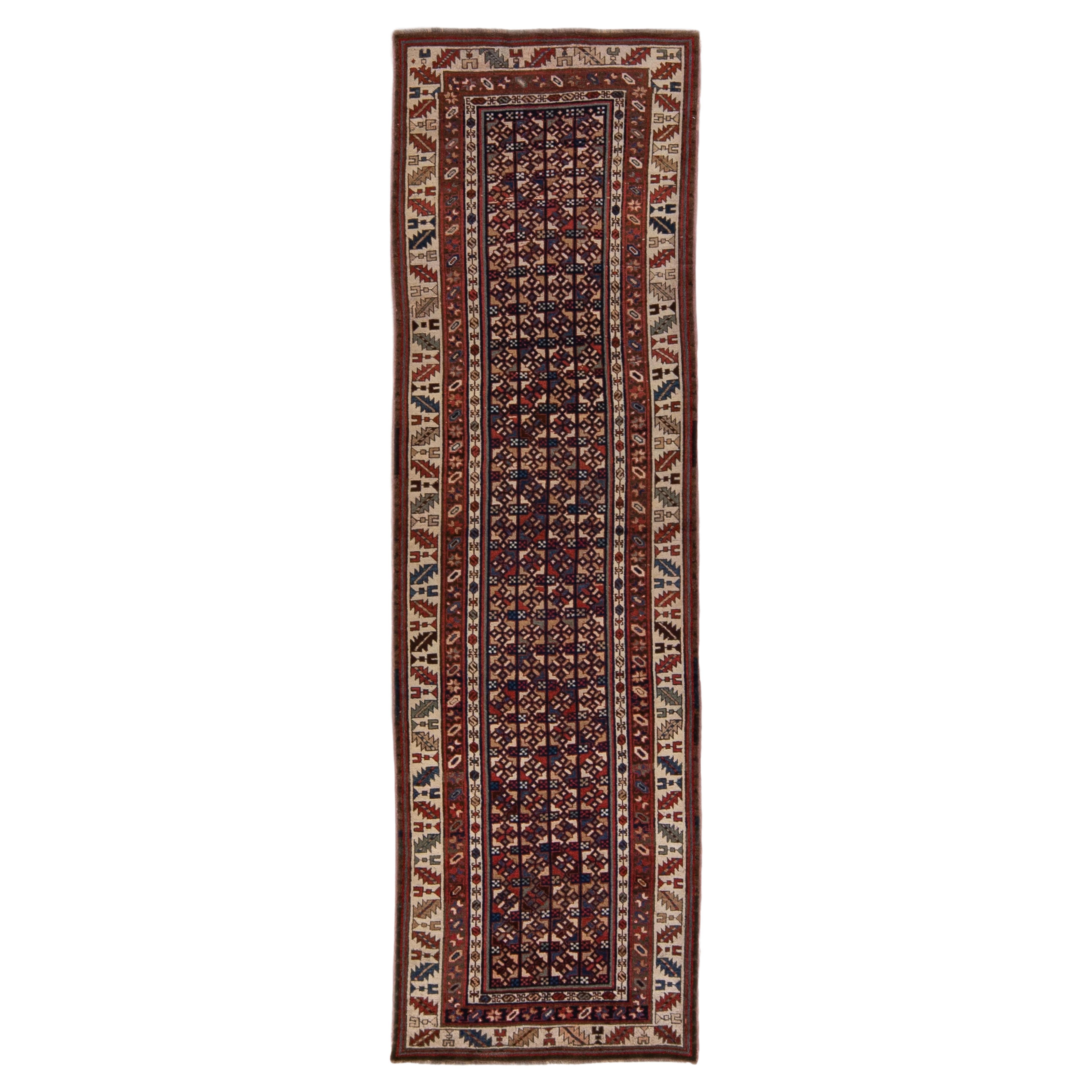 Antique Persian Kurdish Handmade Allover Geometric Wool Runner