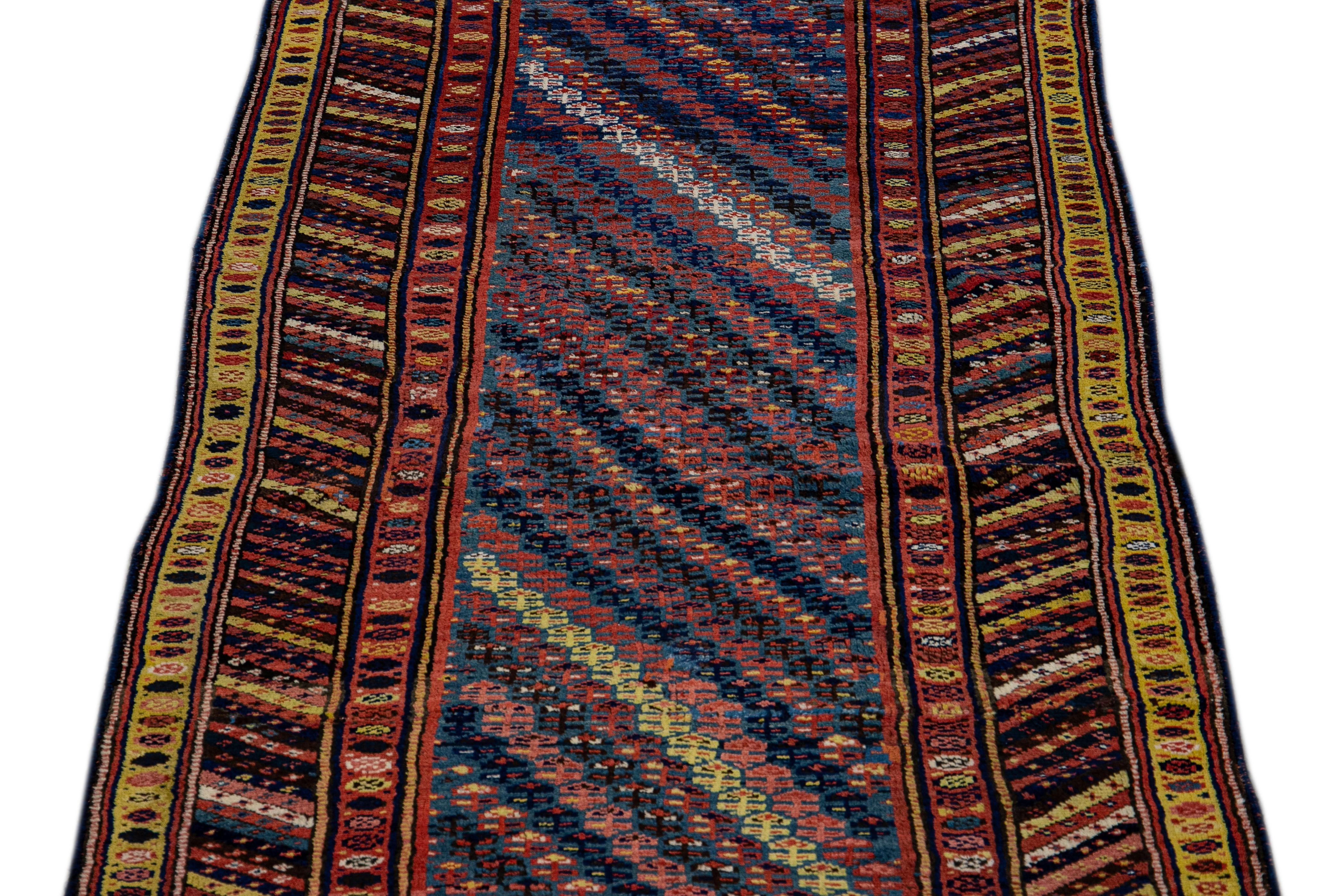Islamic Antique Persian Kurdish Handmade Striped Blue Runner For Sale