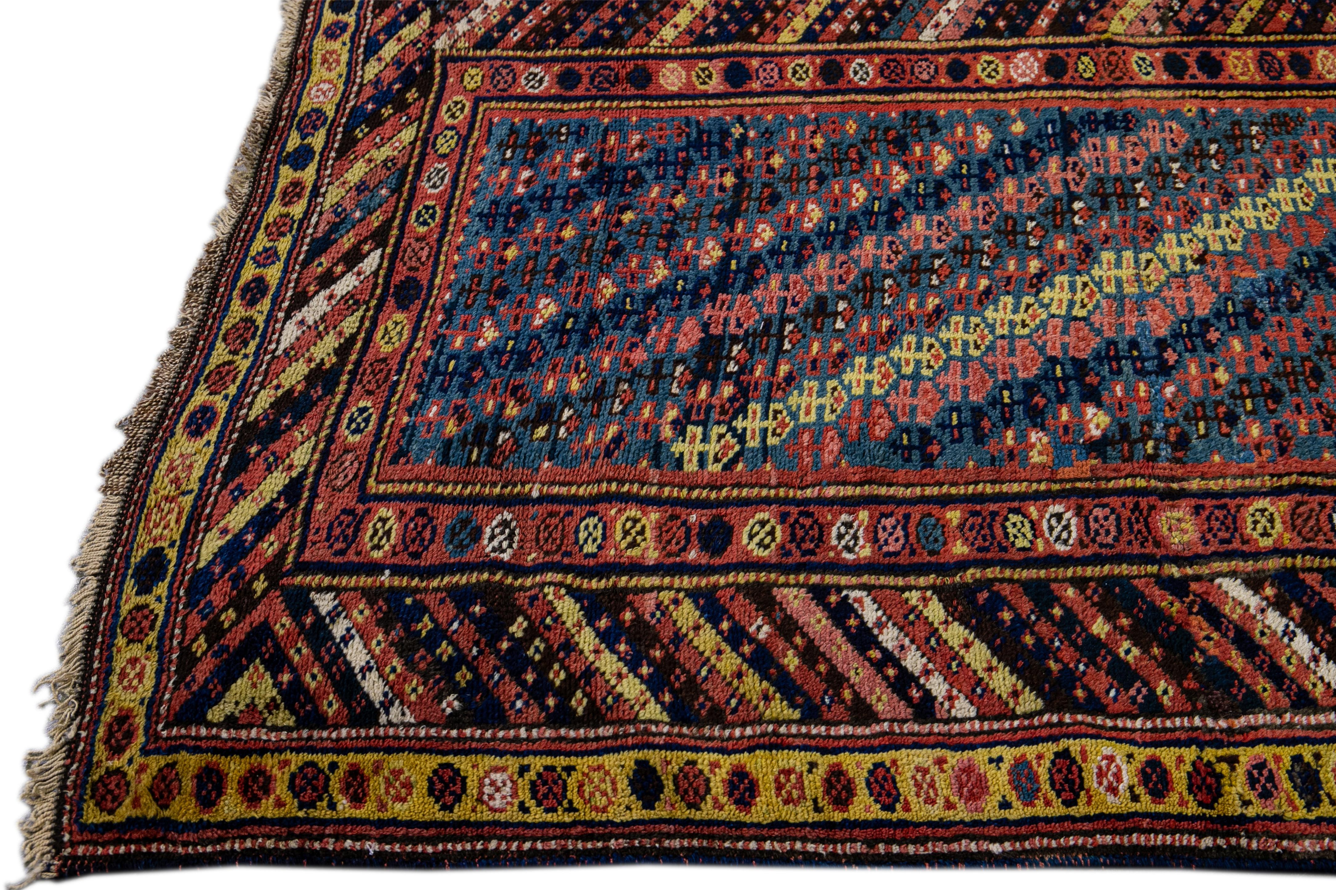 Hand-Knotted Antique Persian Kurdish Handmade Striped Blue Runner For Sale