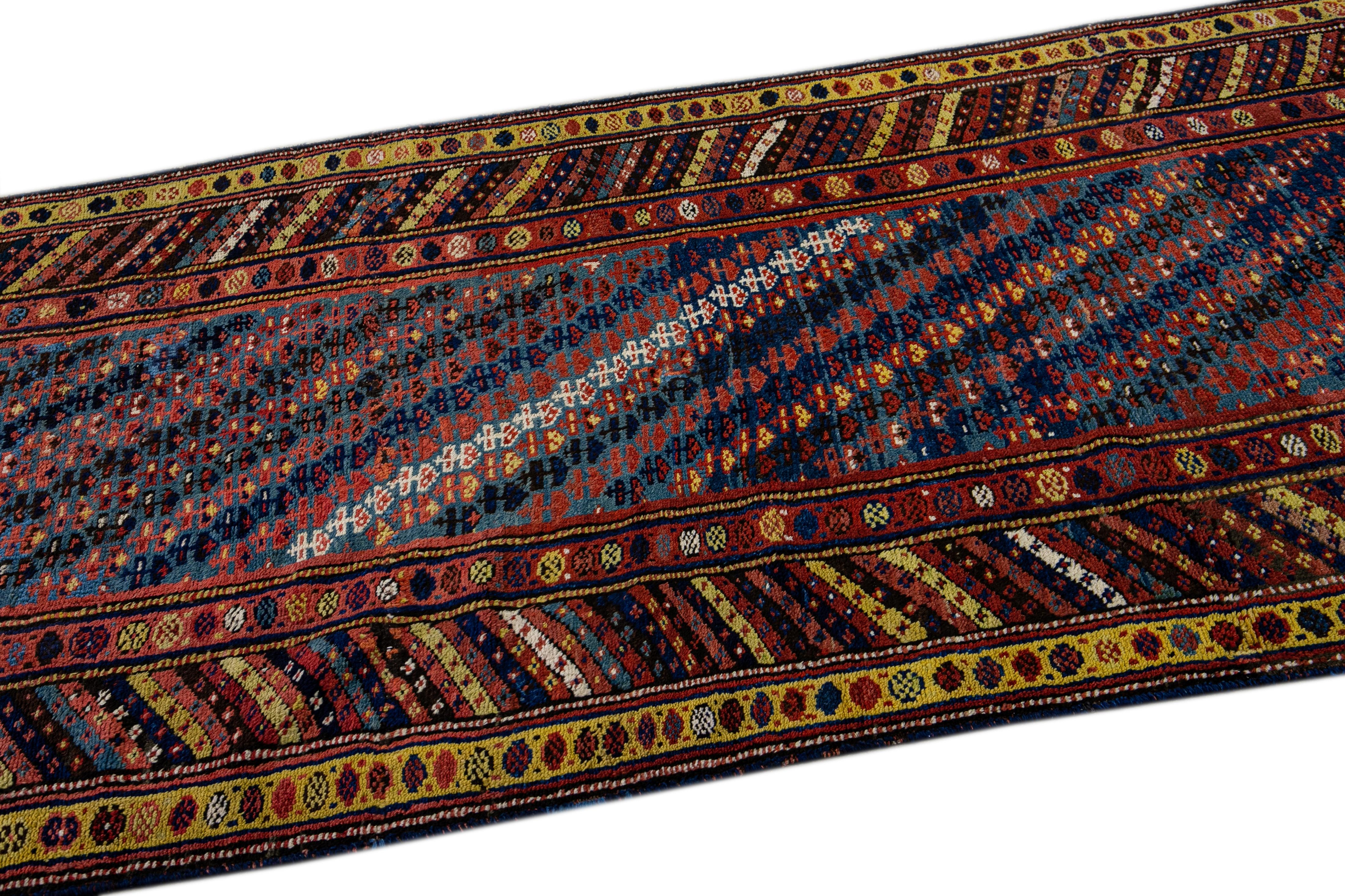 Antique Persian Kurdish Handmade Striped Blue Runner In Excellent Condition For Sale In Norwalk, CT