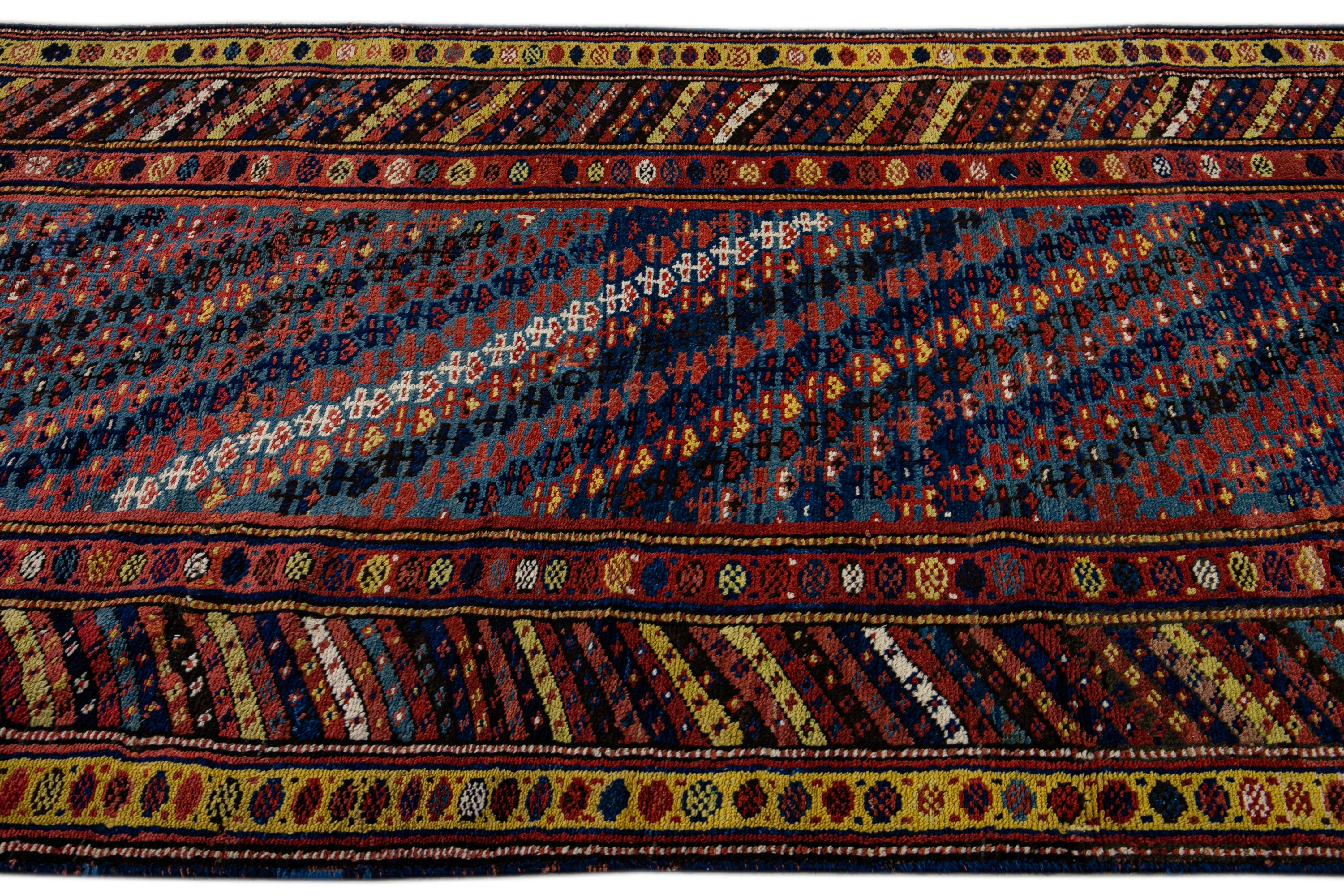 Early 20th Century Antique Persian Kurdish Handmade Striped Blue Runner For Sale