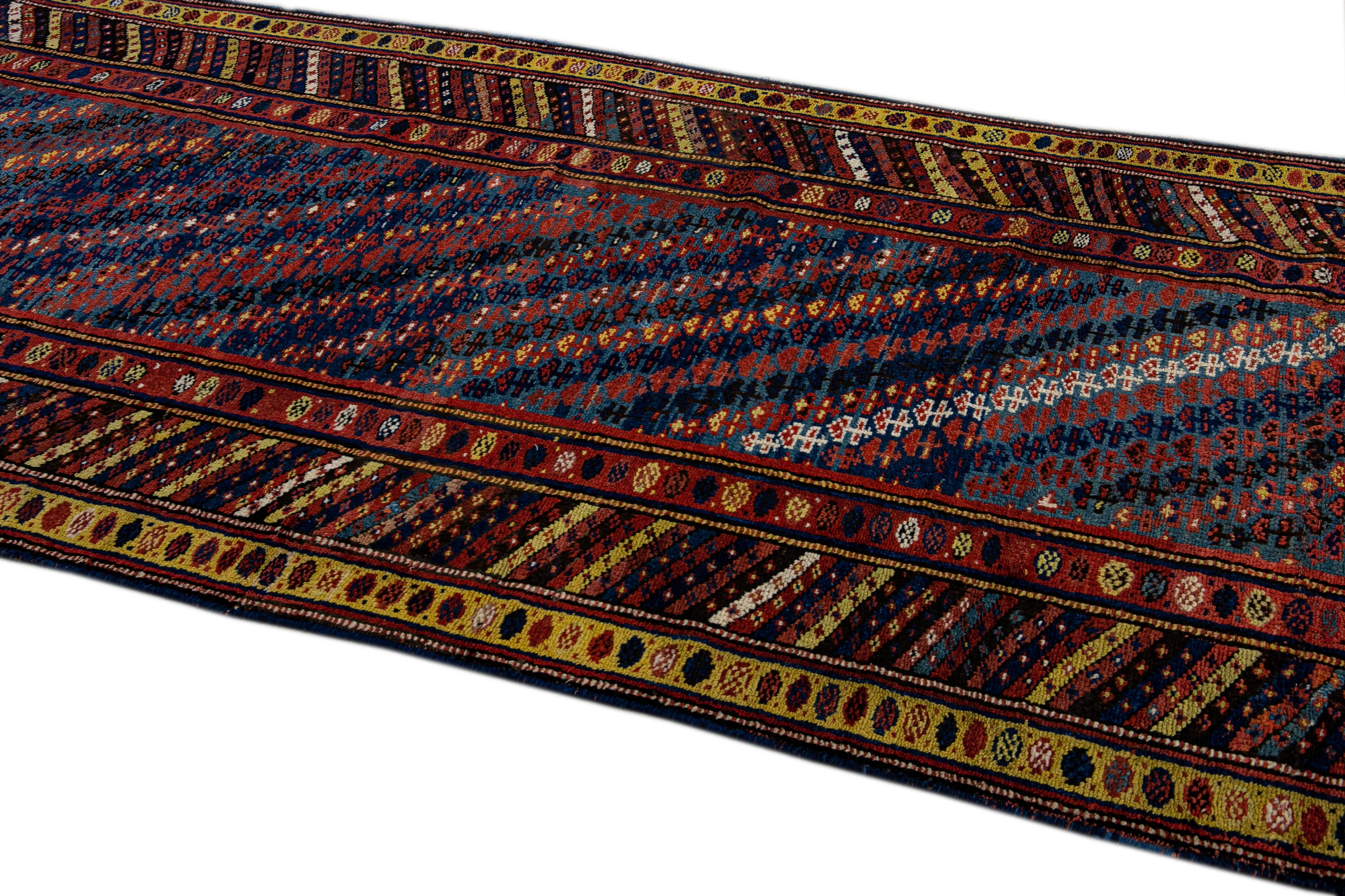 Wool Antique Persian Kurdish Handmade Striped Blue Runner For Sale