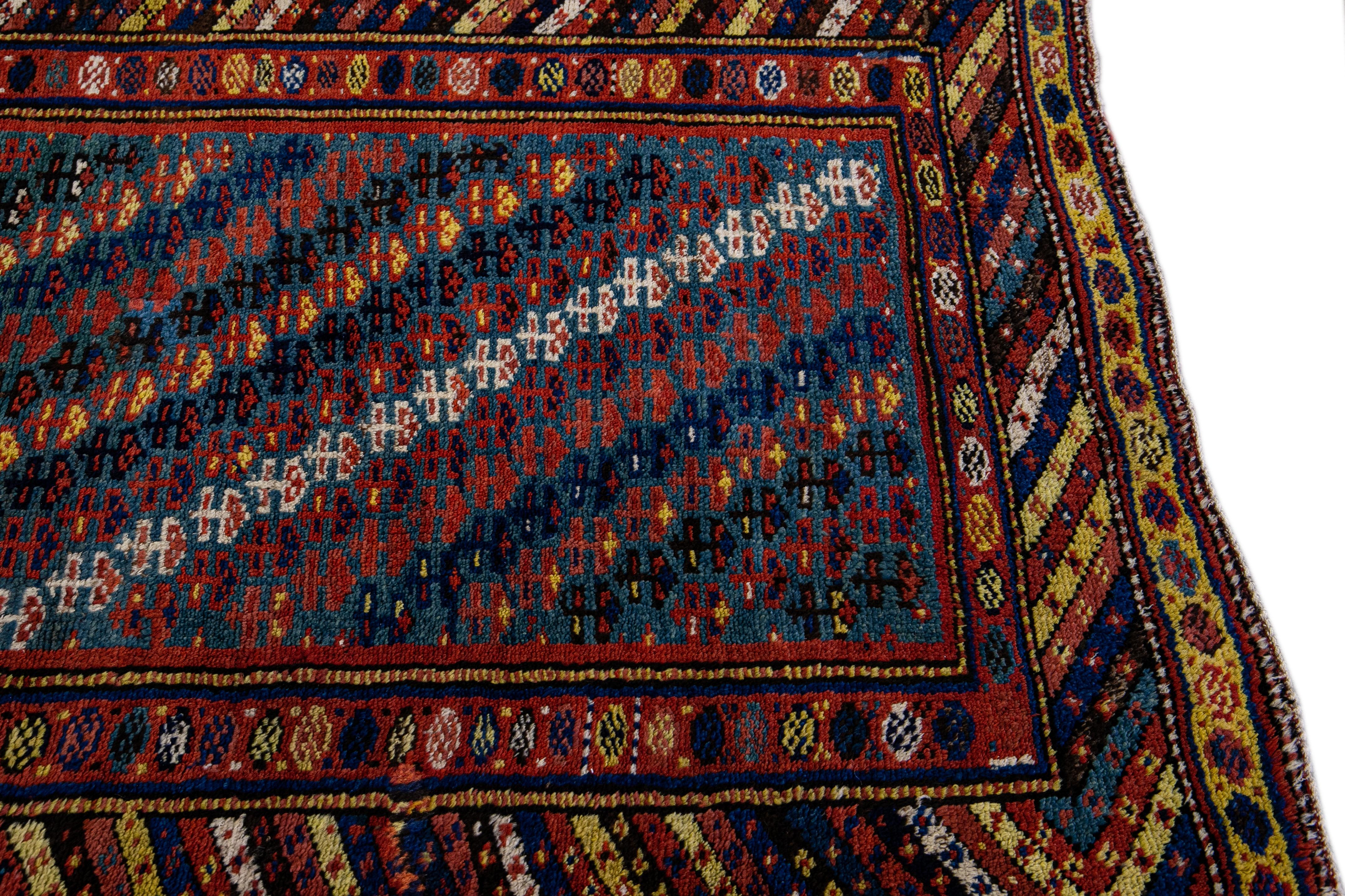 Antique Persian Kurdish Handmade Striped Blue Runner For Sale 1