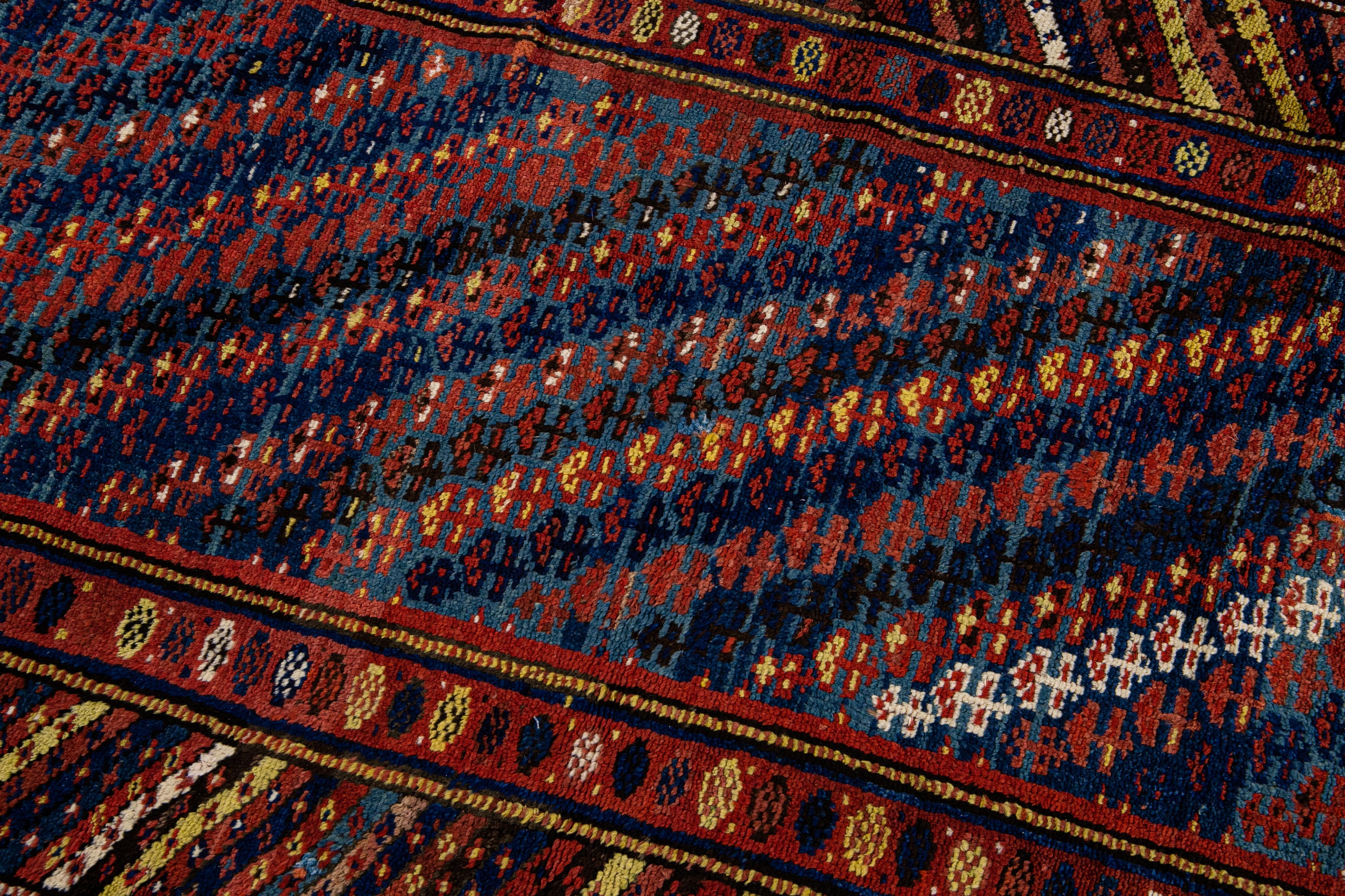 Antique Persian Kurdish Handmade Striped Blue Runner For Sale 2