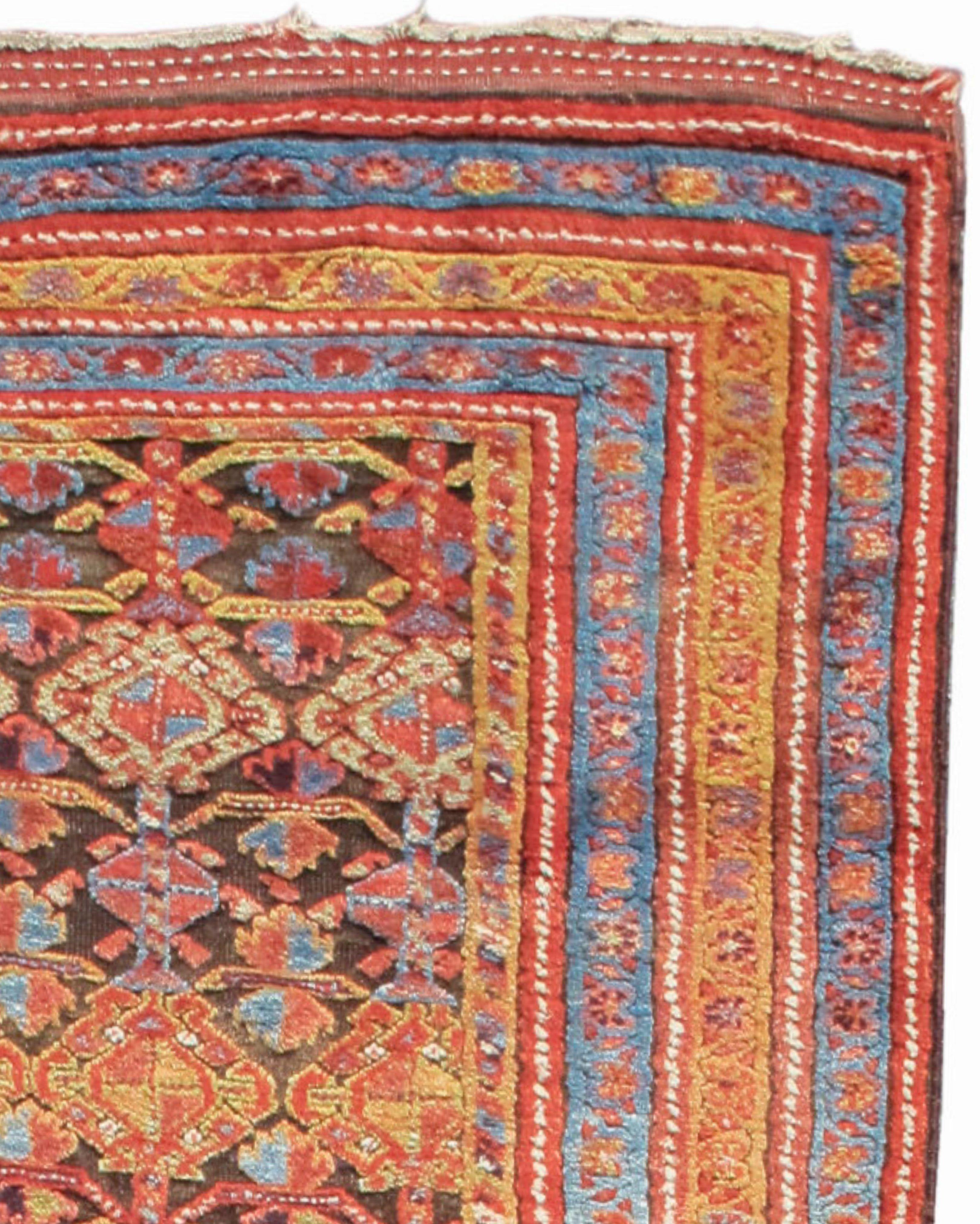 Antique Persian Kurdish Rug, 19th Century (4th Quarter)

Using thick, lustrous wool and vibrant natural vegetal dyes, this Kurdish long rug from Northwest Persia draws a frame of narrow striped borders in complementary contrasting sky-blue and