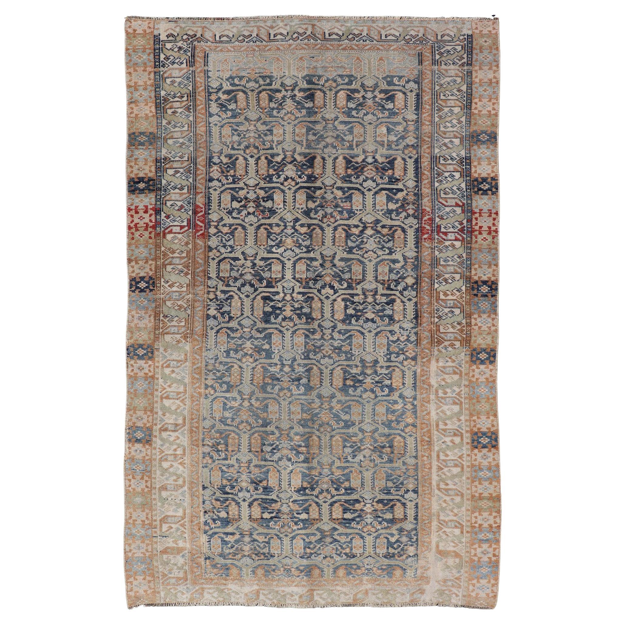 Antique Persian Kurdish Rug Featuring Ornate All-Over Geometric 4'5 x 7'7 For Sale
