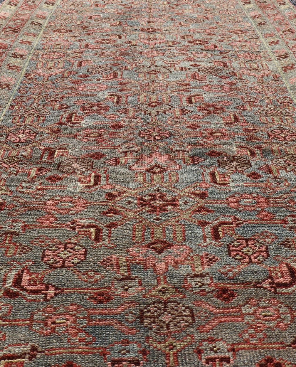 Malayer Antique Persian Kurdish Rug in Blue, Green, Brown, and Soft Red For Sale
