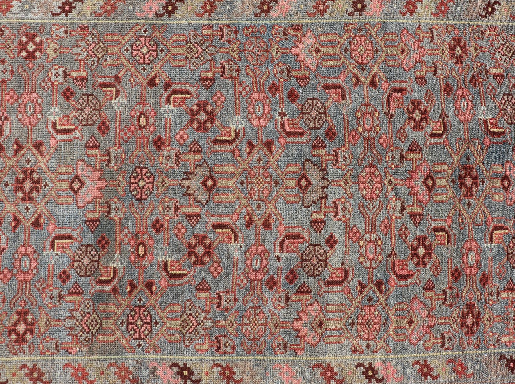 Hand-Knotted Antique Persian Kurdish Rug in Blue, Green, Brown, and Soft Red For Sale