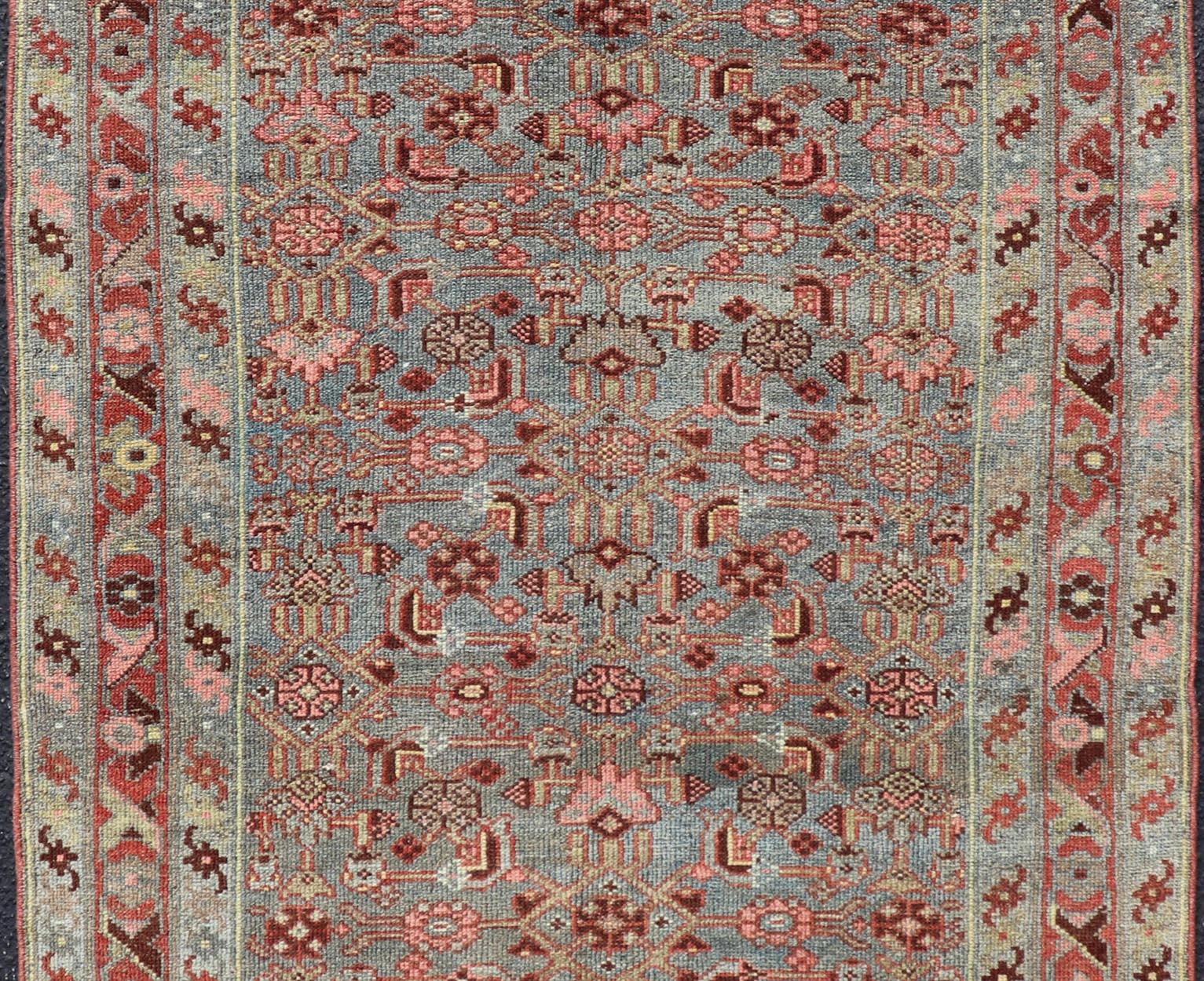 20th Century Antique Persian Kurdish Rug in Blue, Green, Brown, and Soft Red For Sale