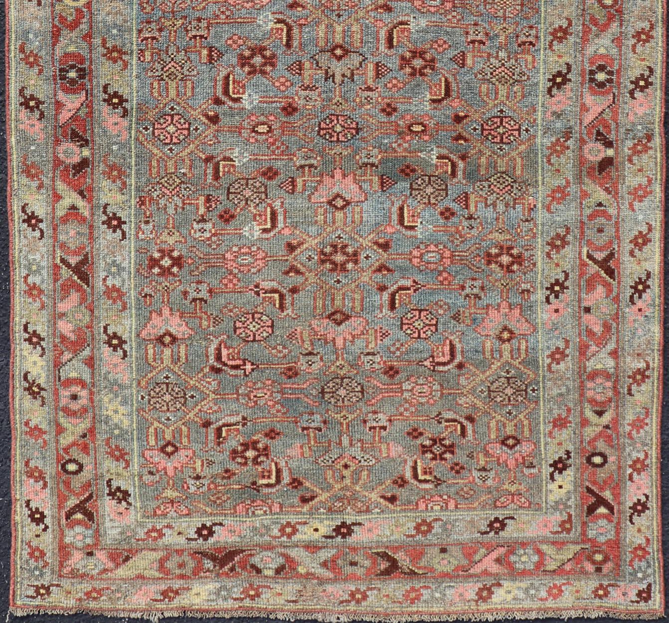 Wool Antique Persian Kurdish Rug in Blue, Green, Brown, and Soft Red For Sale