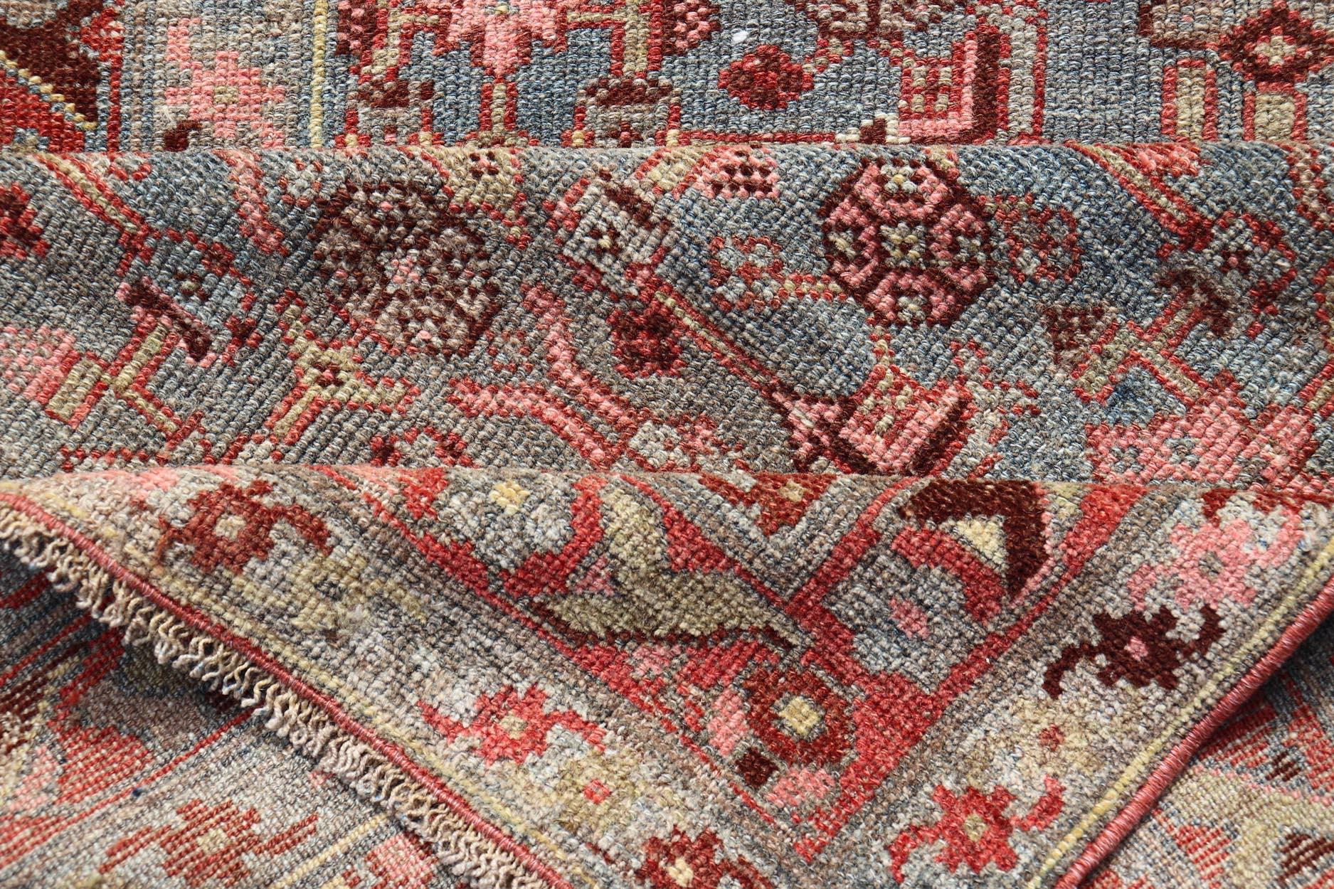 Antique Persian Kurdish Rug in Blue, Green, Brown, and Soft Red For Sale 2
