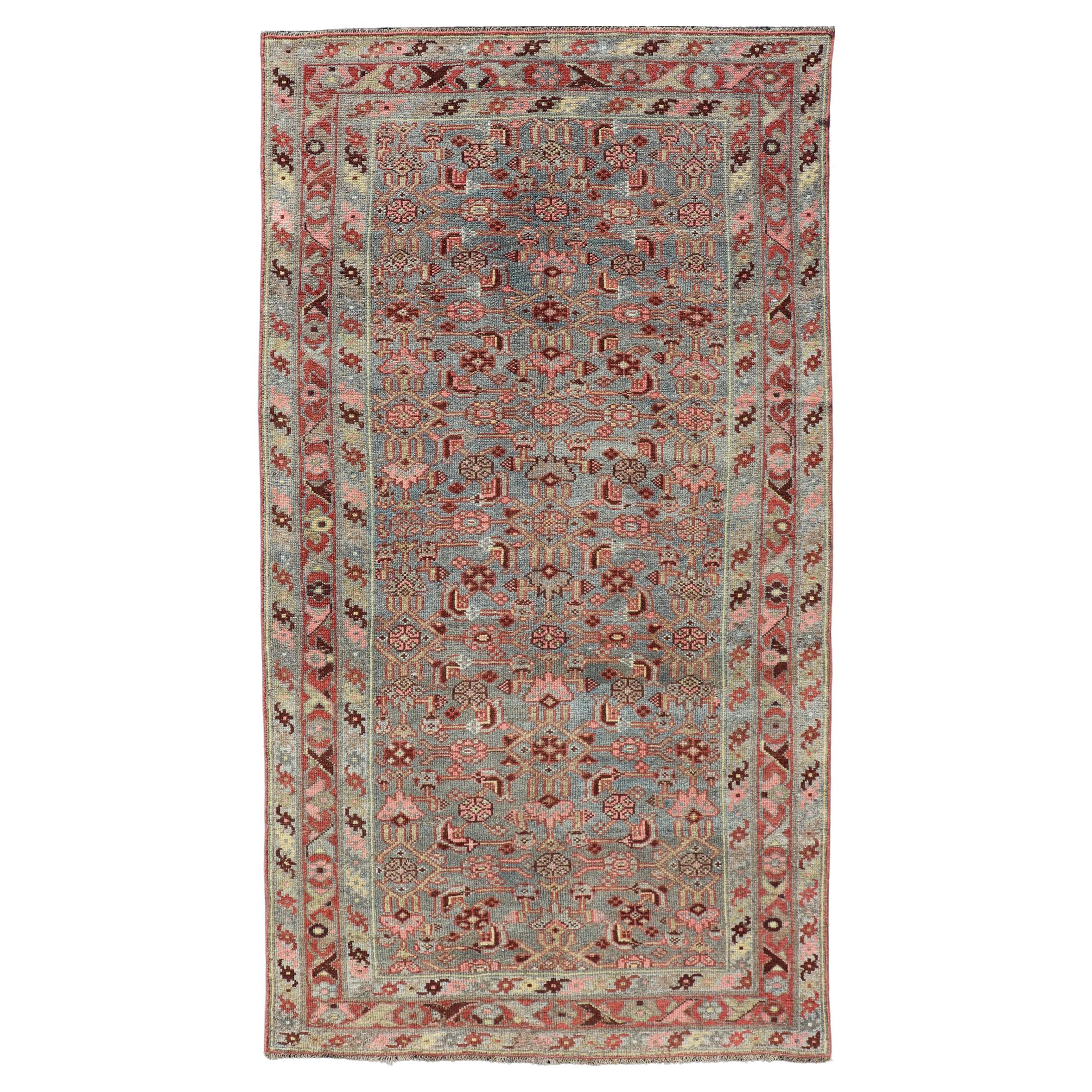 Antique Persian Kurdish Rug in Blue, Green, Brown, and Soft Red For Sale