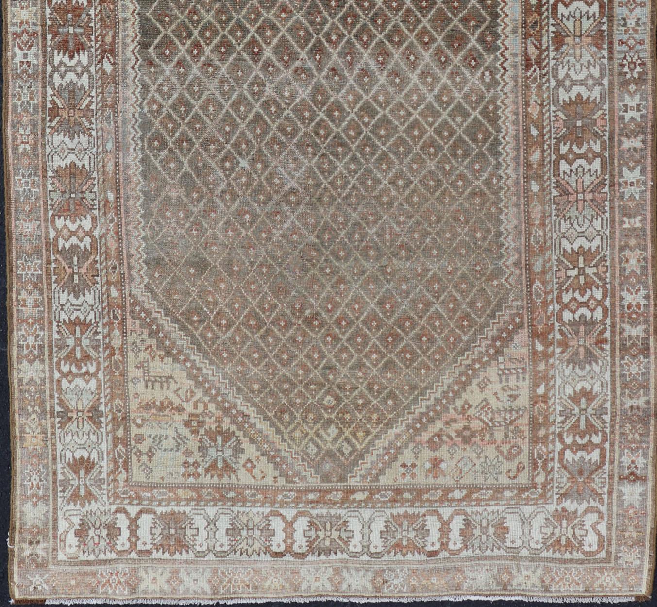 Antique Persian Kurdish Rug in Gray/Brown Background with Taupe Tan & Soft Red  For Sale 4