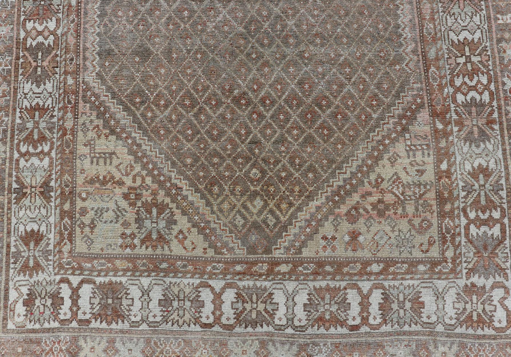 Antique Persian Kurdish Rug in Gray/Brown Background with Taupe Tan & Soft Red  In Good Condition For Sale In Atlanta, GA