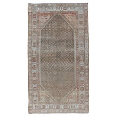 Tappeto antico persiano curdo con sfondo grigio/marrone, grigio scuro e rosso tenue